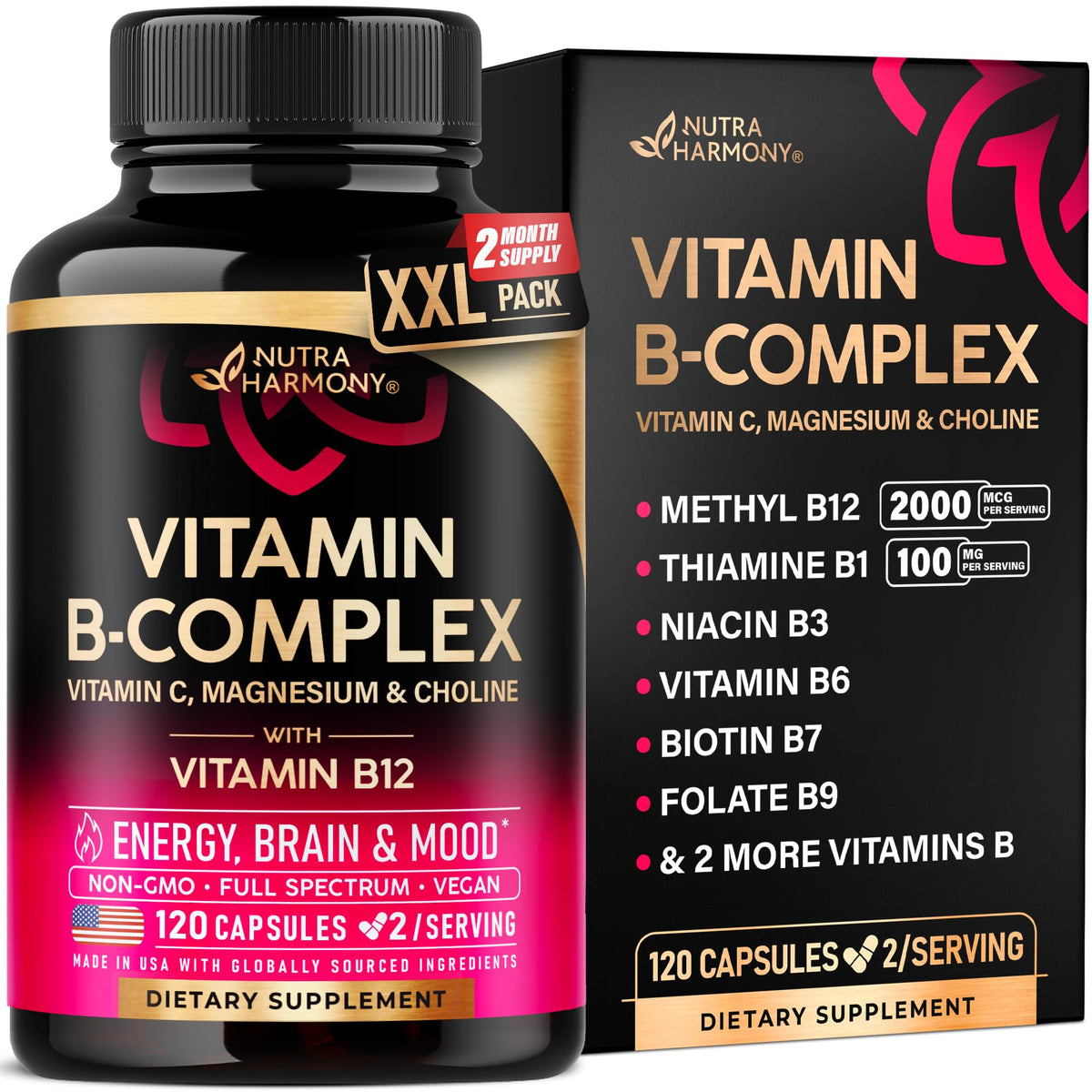 NutraHarmony envase frontal mostrando 120 cápsulas y beneficios visibles