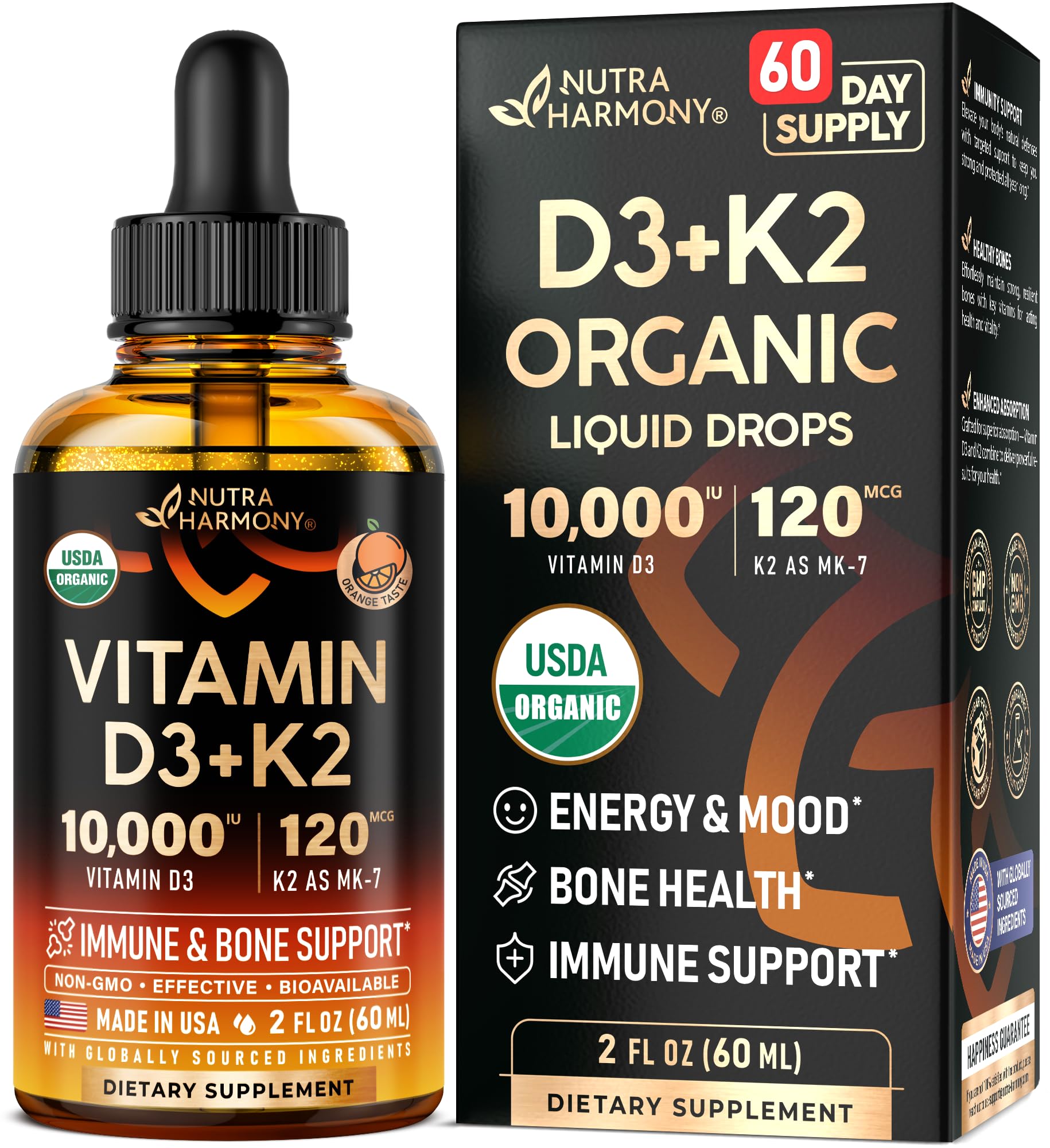 NUTRAHARMONY frente del envase mostrando dosis y sello orgánico