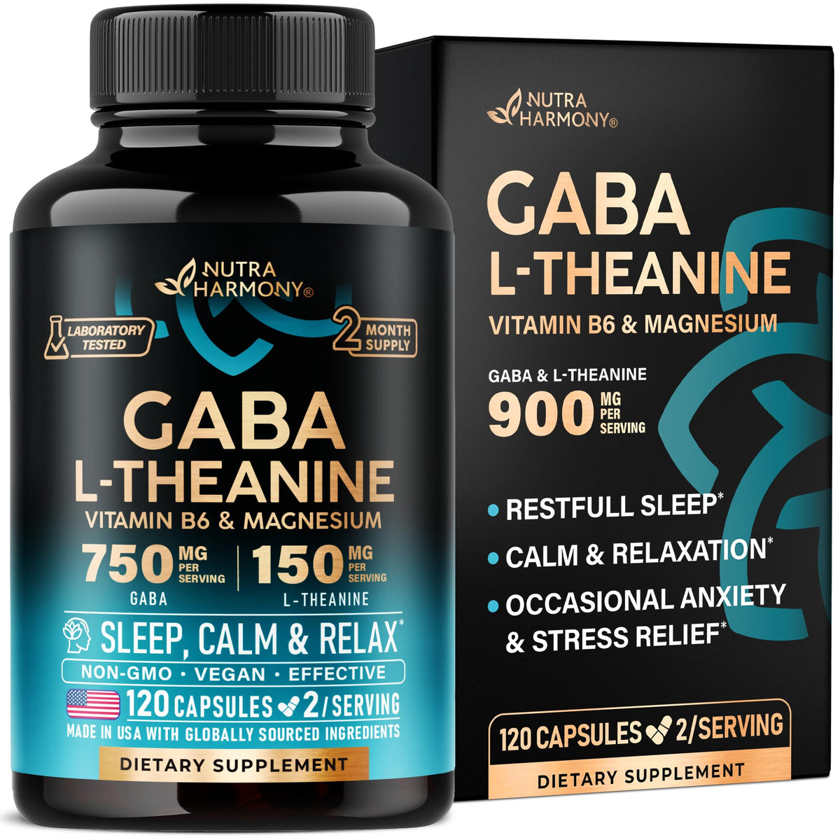 NUTRAHARMONY envase frontal mostrando 120 cápsulas y beneficios claros