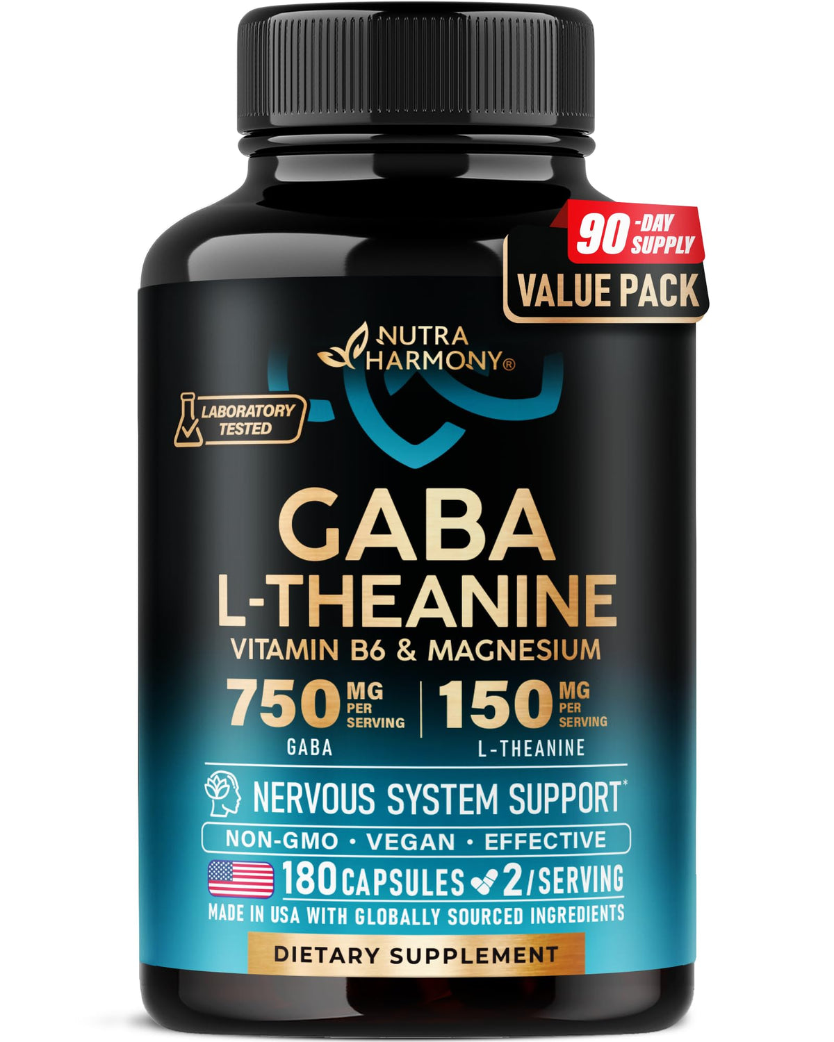 NUTRAHARMONY frontal del envase mostrando 180 cápsulas y beneficio de calma