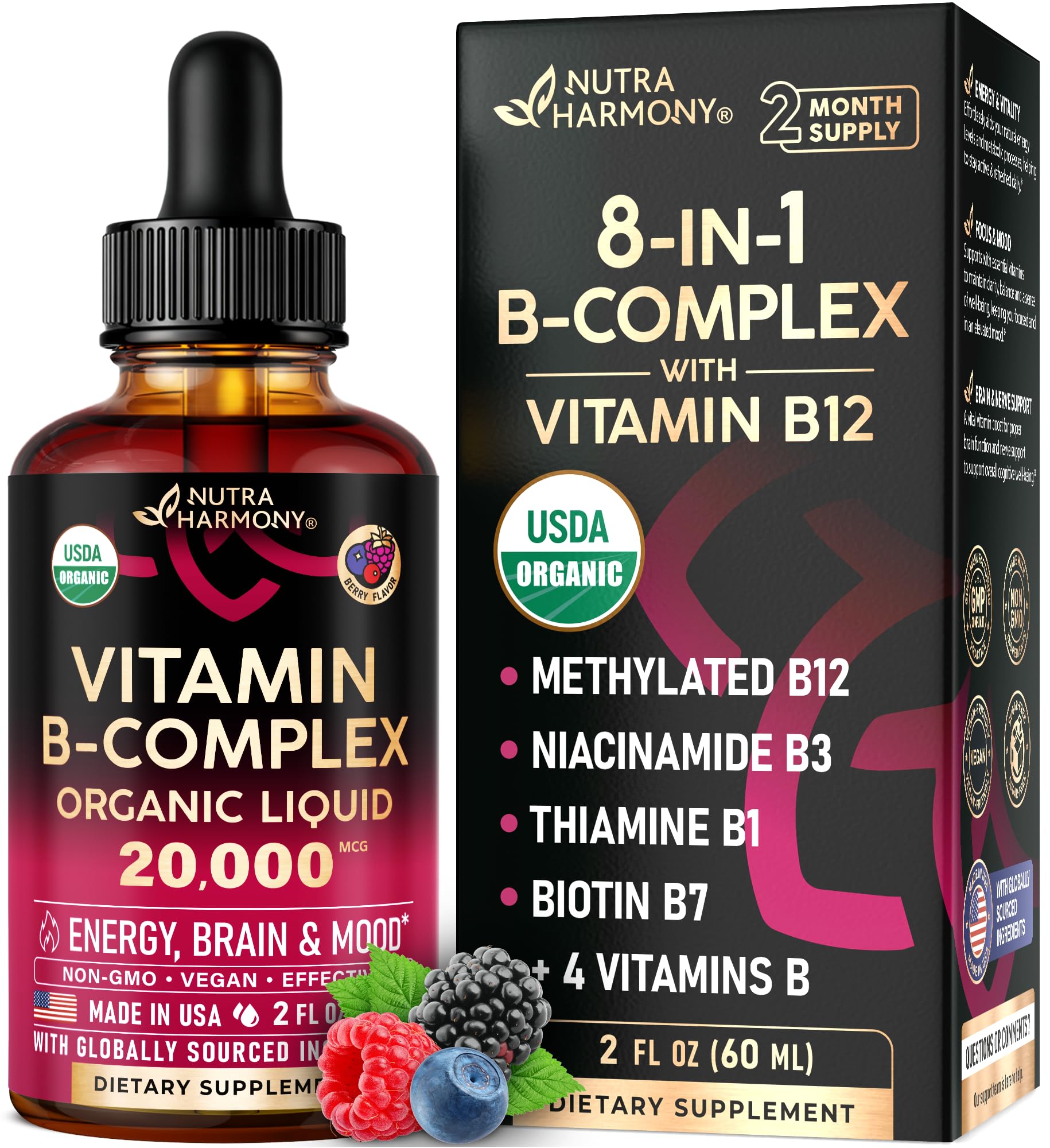 NUTRAHARMONY botella frontal mostrando etiqueta y formato orgánico
