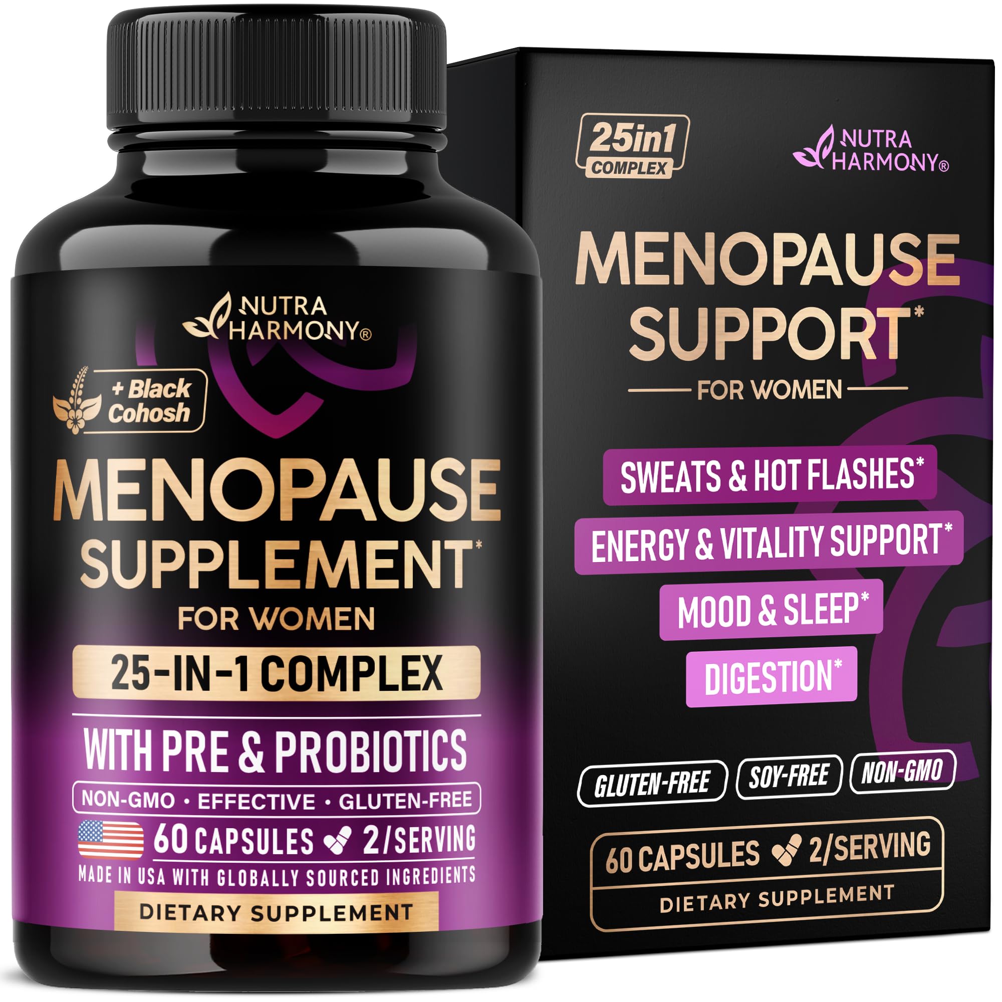 NUTRAHARMONY frente del empaque mostrando fórmula 25-en-1 y beneficios