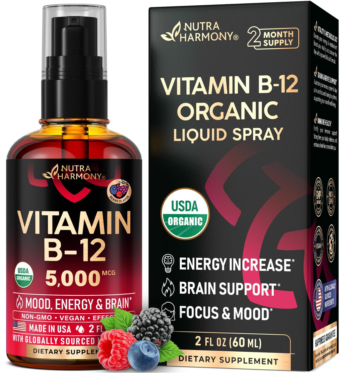 NUTRAHARMONY envase frontal del spray B12 muestra formato y beneficio práctico