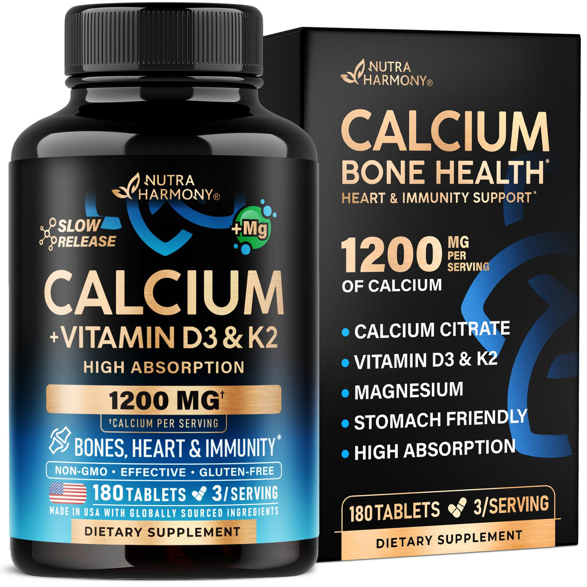 NUTRAHARMONY envase frontal mostrando calcio 1200 mg y D3 para confianza