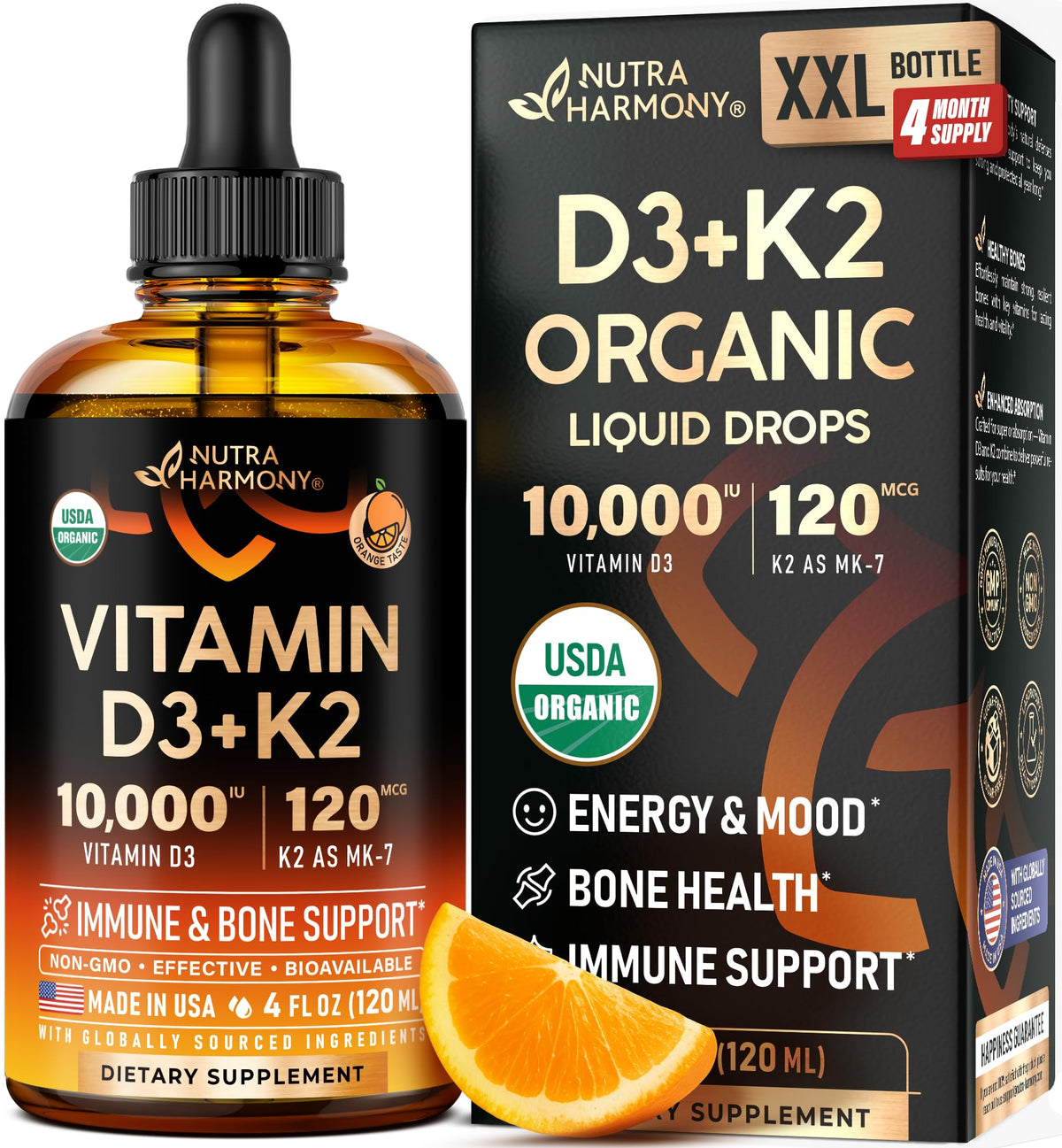 NUTRAHARMONY vista frontal del frasco D3 K2, presentación limpia y profesional