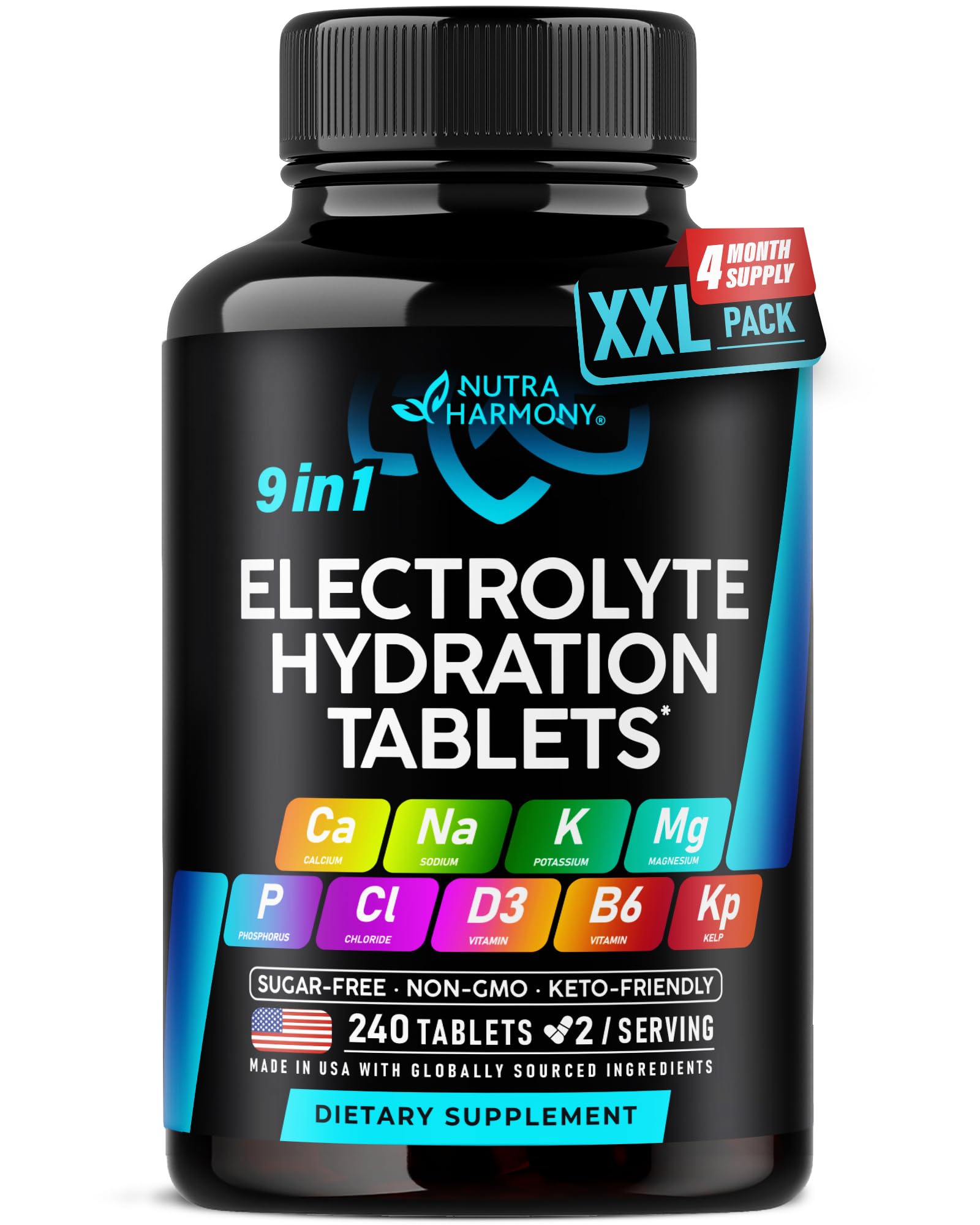 NUTRAHARMONY envase frontal mostrando 240 tabletas y beneficios de hidratación