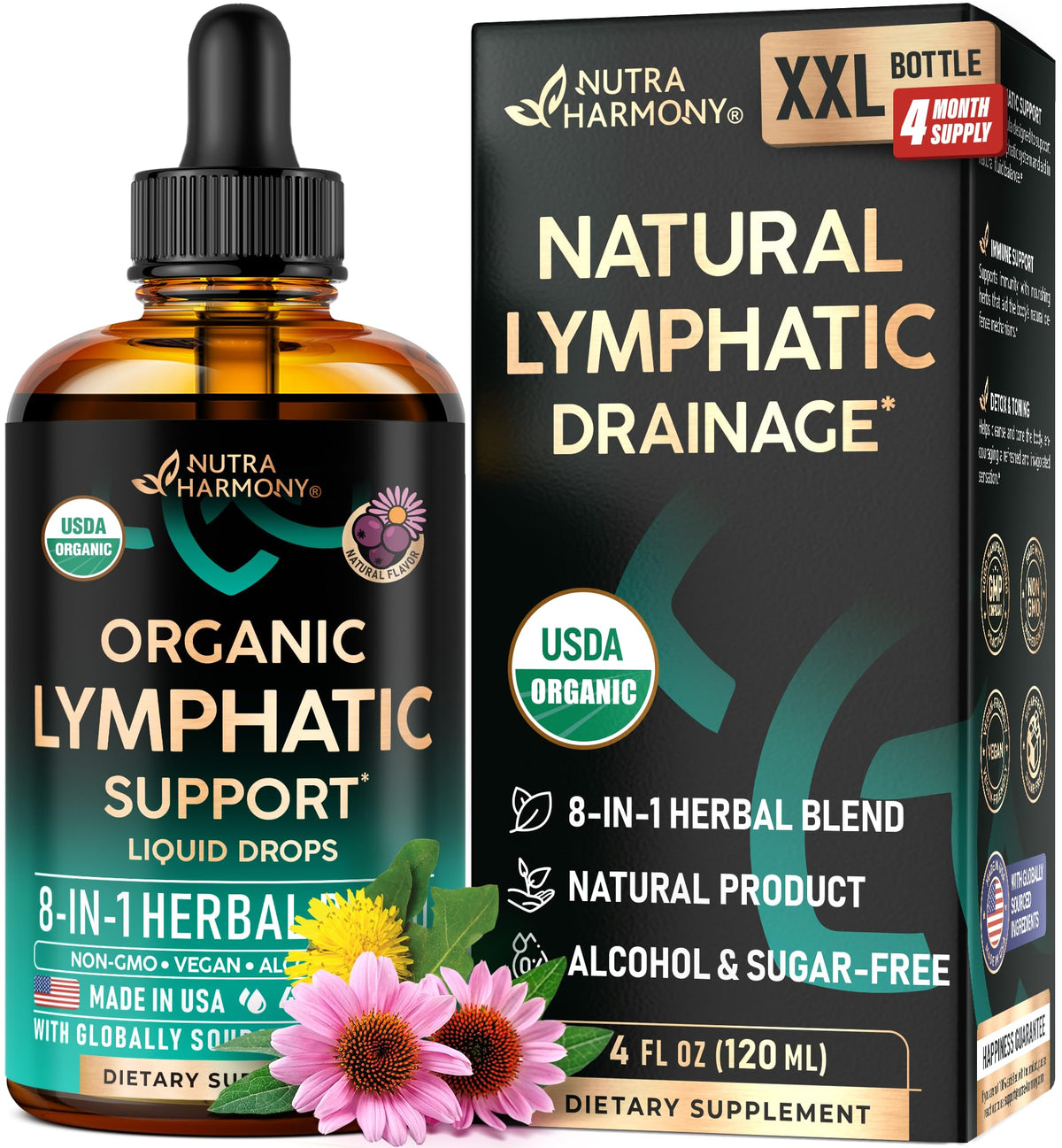 NUTRAHARMONY frasco frontal mostrando fórmula linfática orgánica y claridad de envase