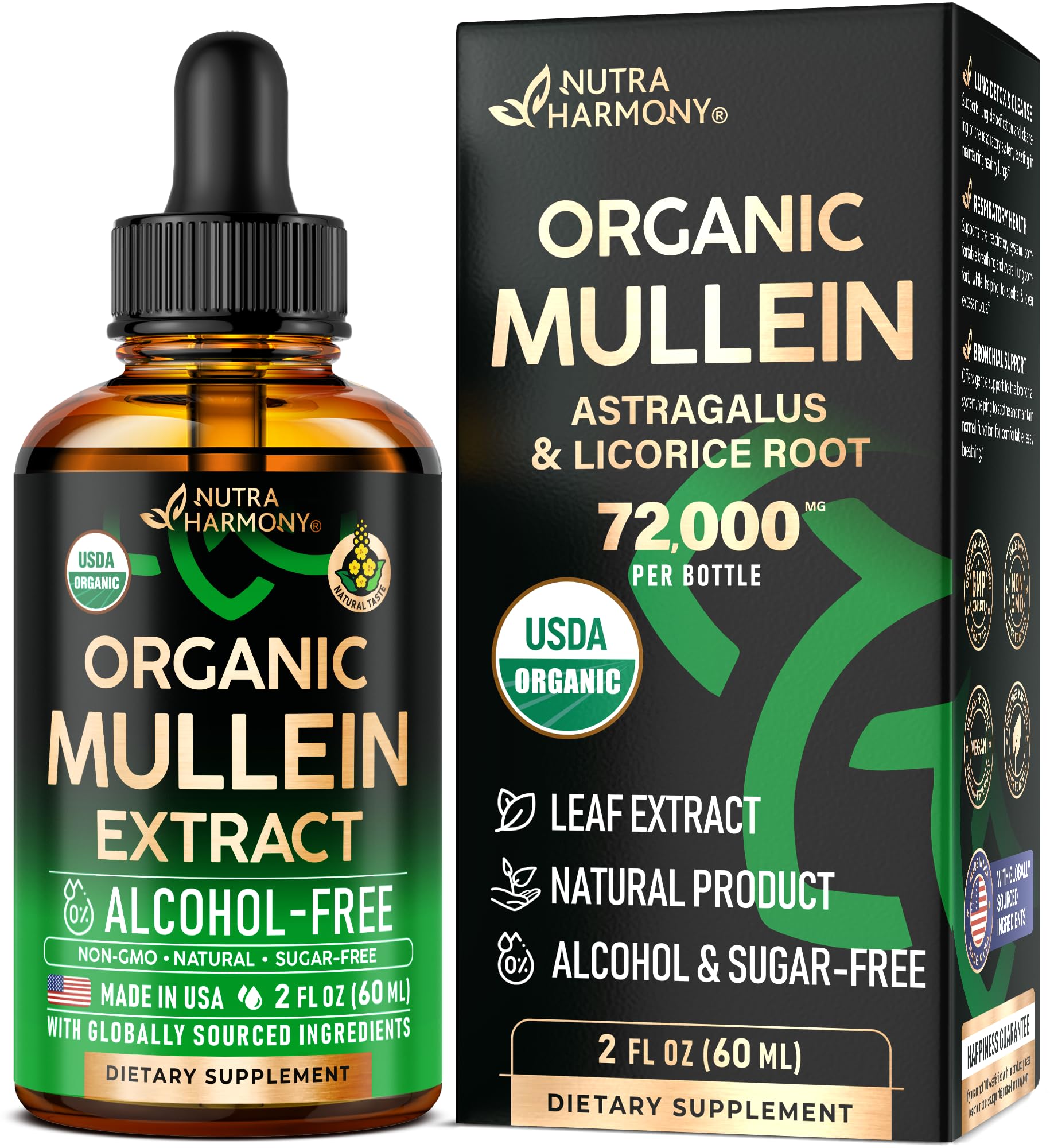 NUTRAHARMONY frasco frontal de Mullein mostrando etiqueta y beneficio respiratorio