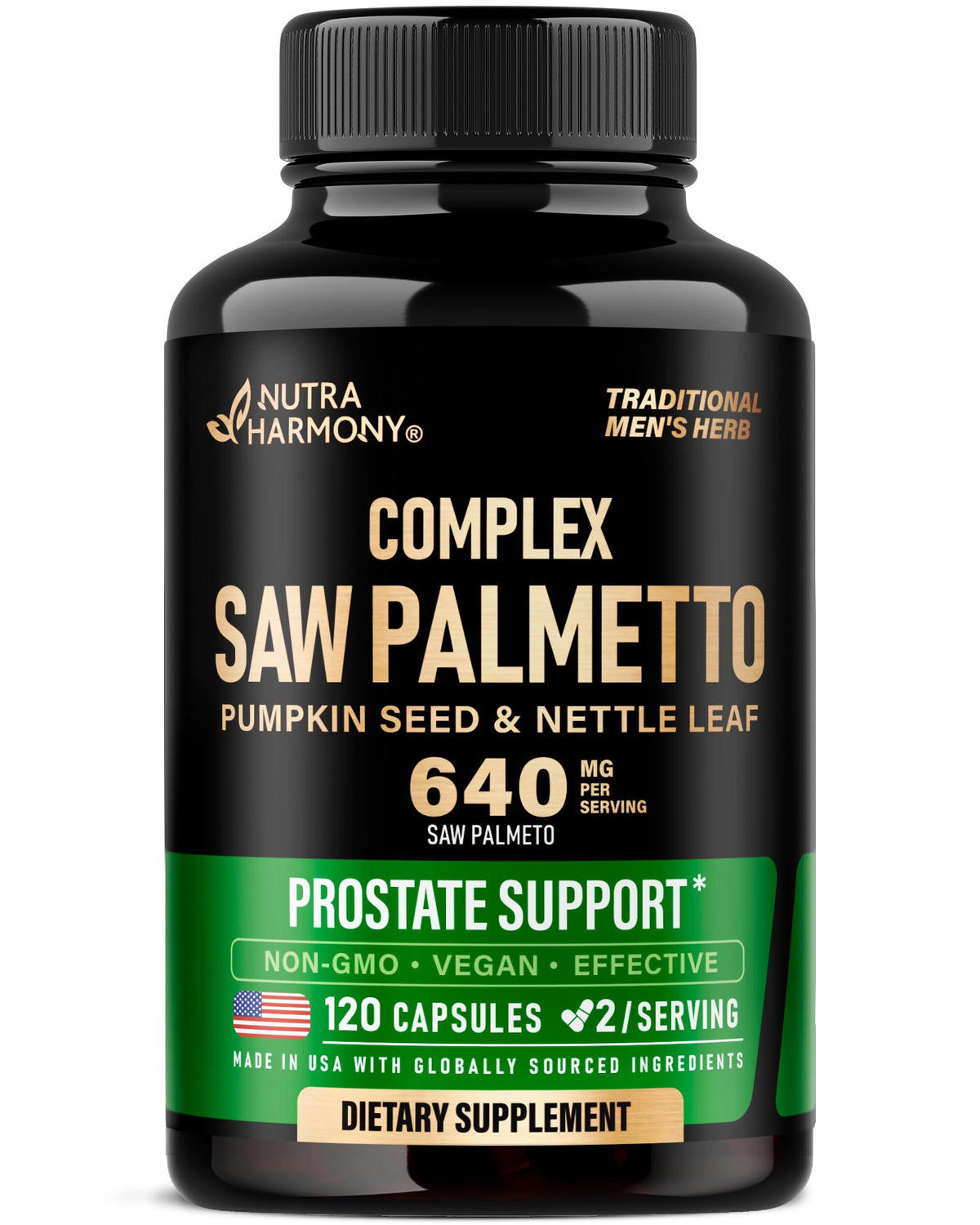 NUTRAHARMONY envase frontal mostrando saw palmetto y beneficios claros