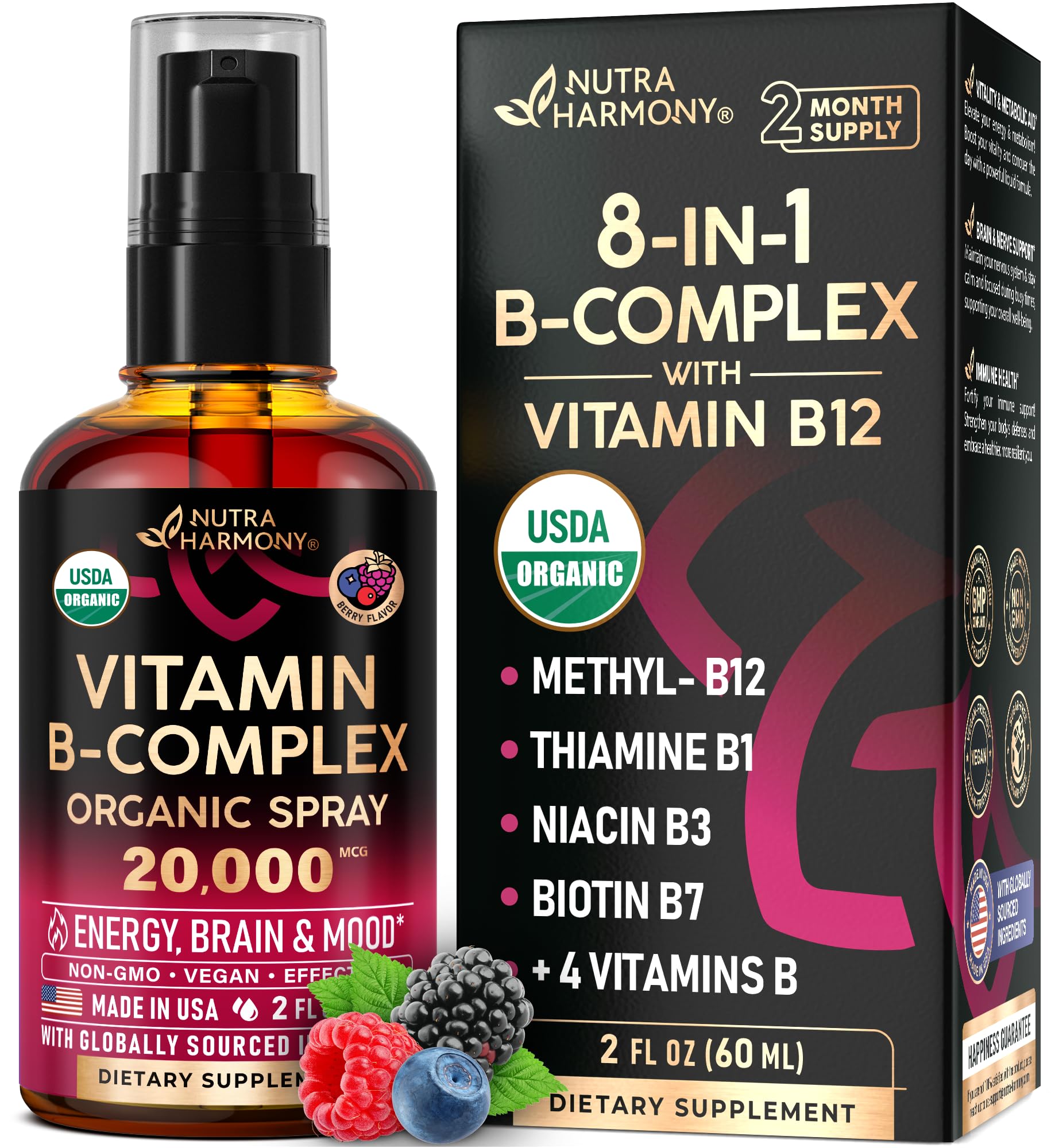 NUTRAHARMONY frontal del envase mostrando la botella y el spray, fácil transporte