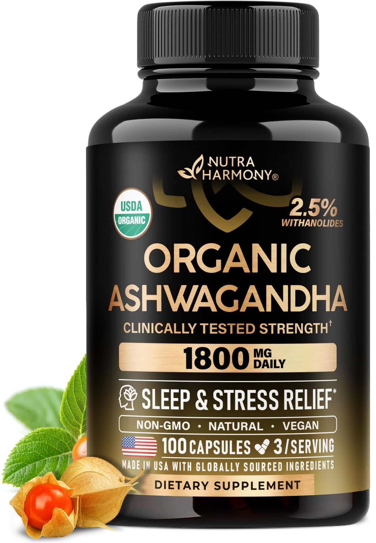 NUTRAHARMONY envase frontal mostrando dosis y certificado USDA Organic