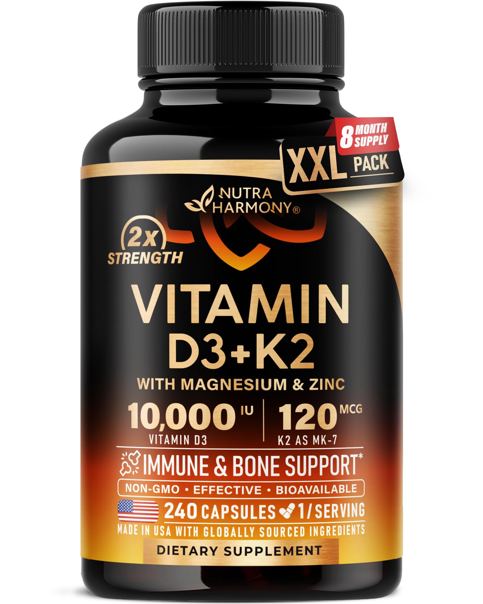 NUTRAHARMONY frontal del envase mostrando la fórmula D3 K2 y beneficios