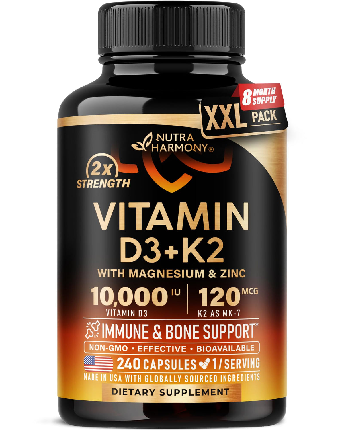 NUTRAHARMONY frontal del envase mostrando la fórmula D3 K2 y beneficios