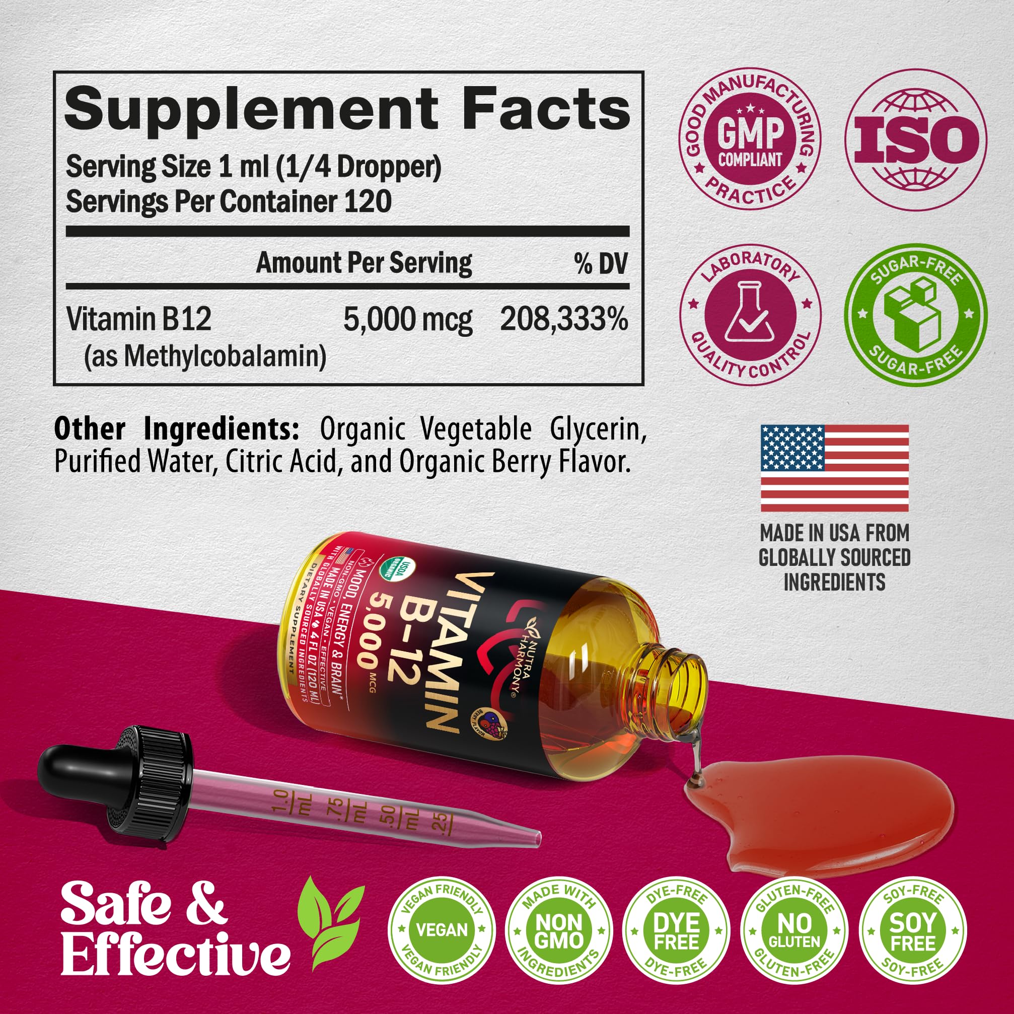 NUTRAHARMONY gotas sobre cucharita y ingredientes naturales para mejor sabor