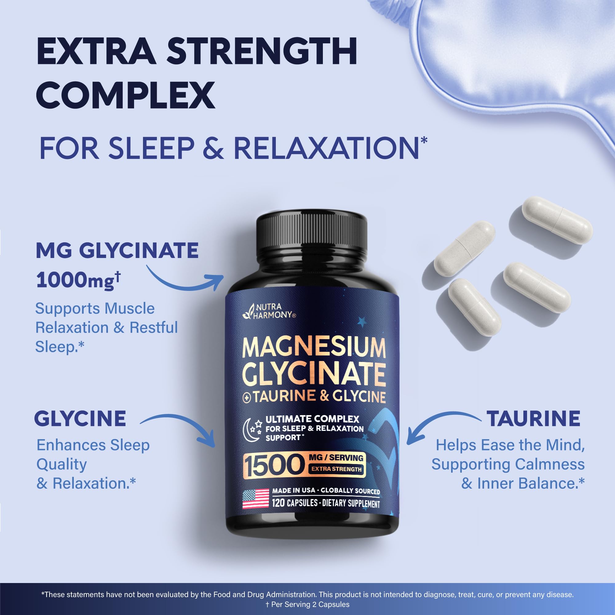 NUTRAHARMONY ingredientes glicina y taurina ilustrados para soporte de sueño