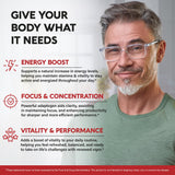 NUTRAHARMONY panax ginseng cápsulas detalle en primer plano, beneficio: concentración 10:1 visible