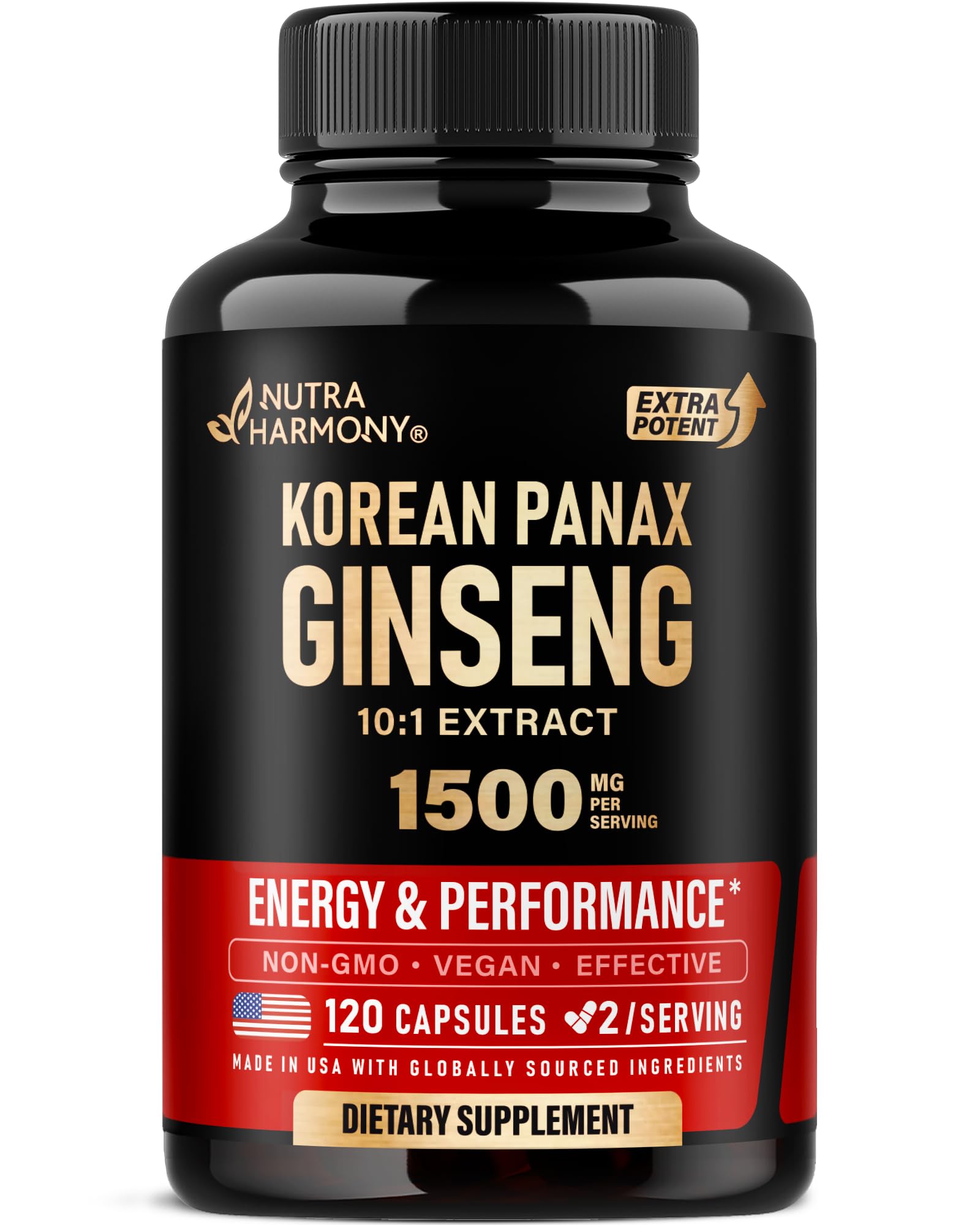 NUTRAHARMONY panax ginseng frontal mostrando diseño y cantidad, beneficio: claridad de producto