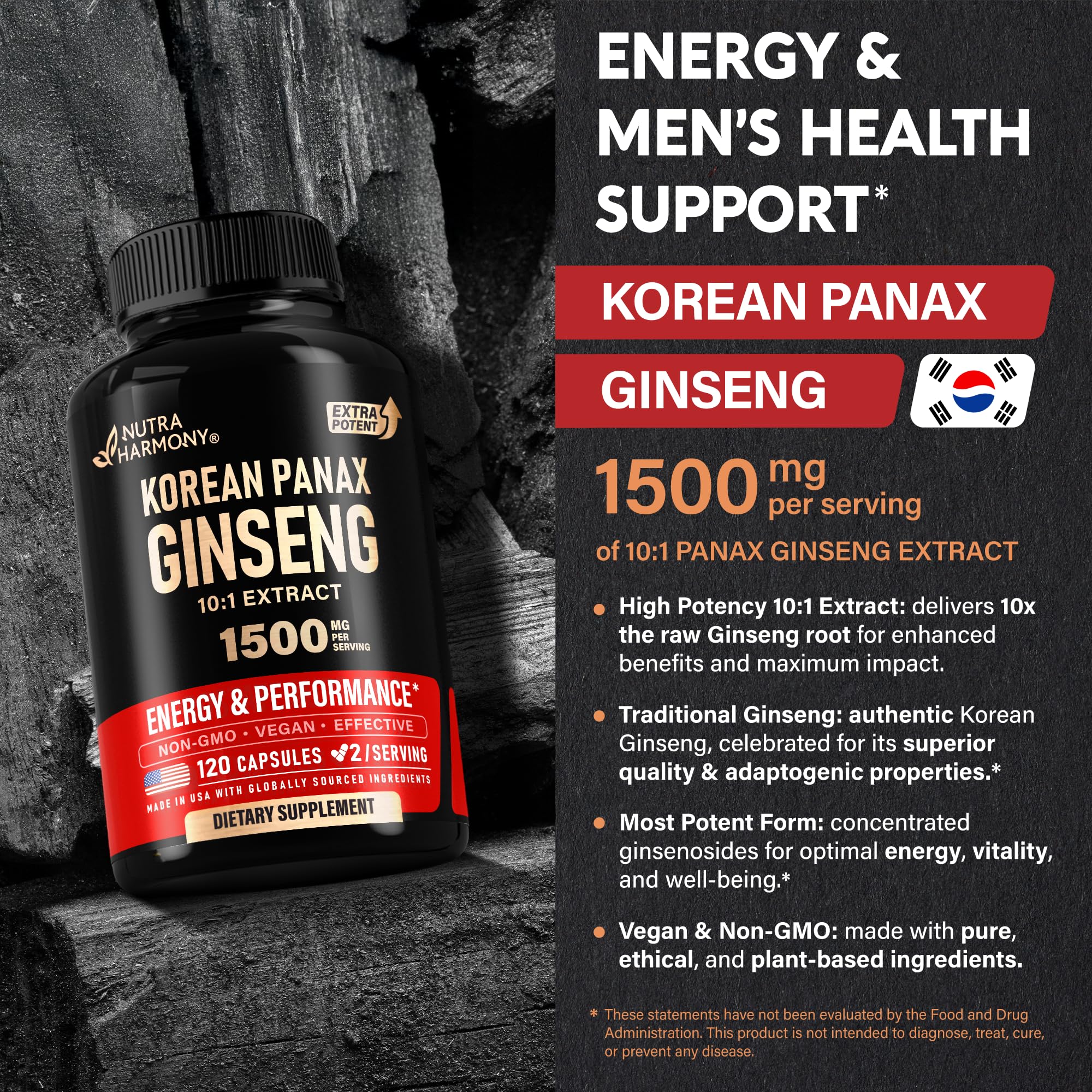 NUTRAHARMONY panax ginseng textura de raíz coreana, beneficio: origen tradicional y calidad