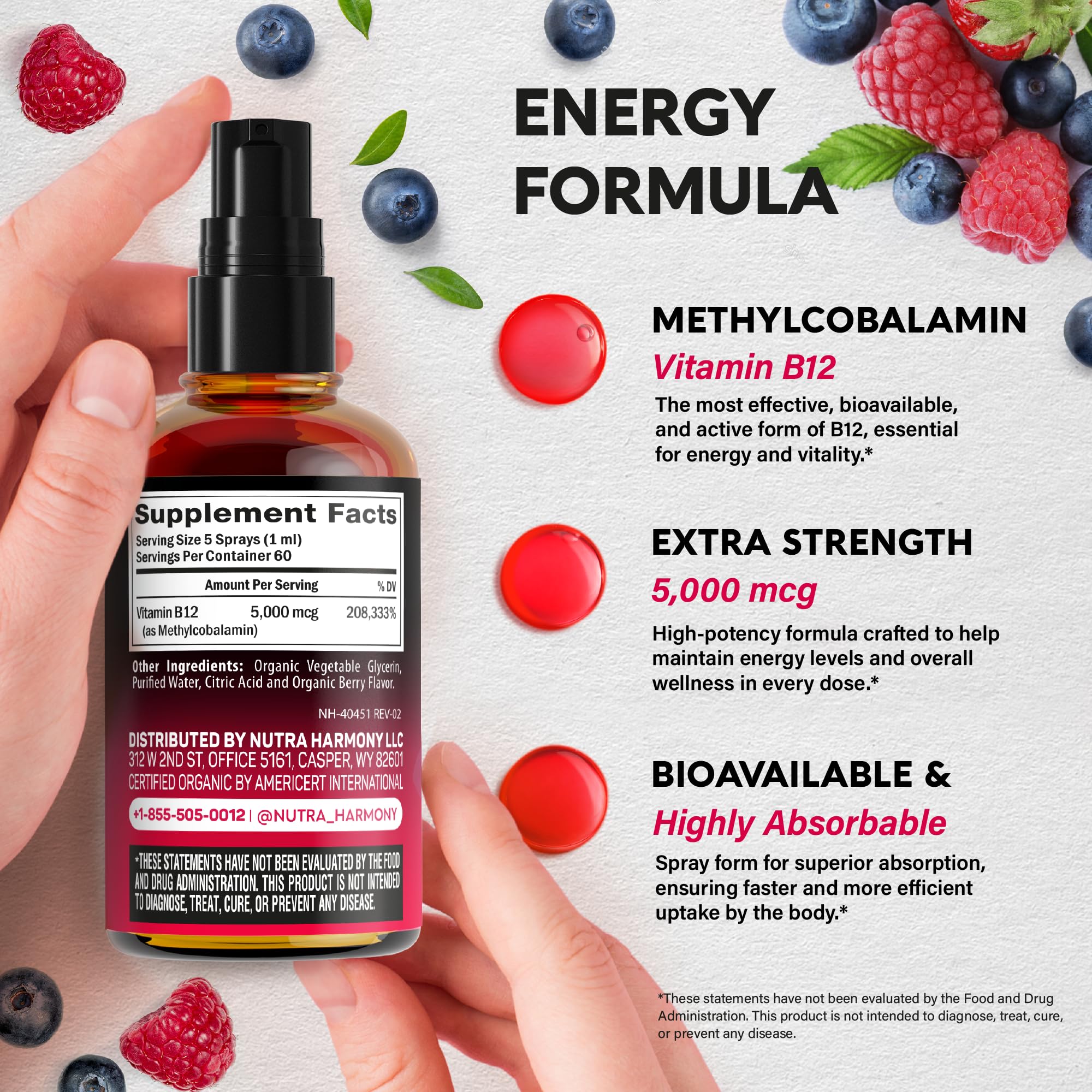 NUTRAHARMONY spray en mano para comparar tamaño y transporte cómodo