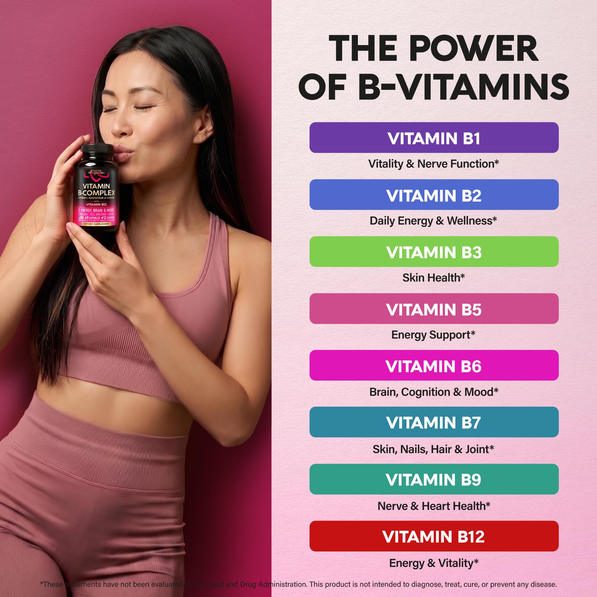 NUTRAHARMONY cápsulas sobre superficie blanca listadas por ingredientes