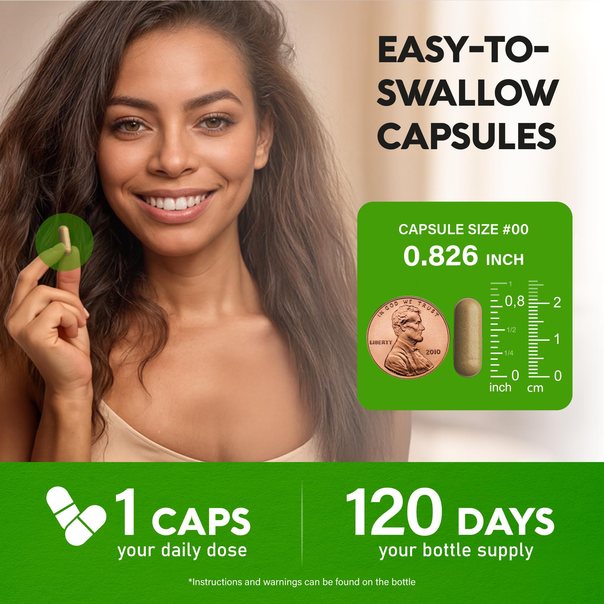 NUTRAHARMONY botella junto a regla para comparación de tamaño y cantidad de cápsulas