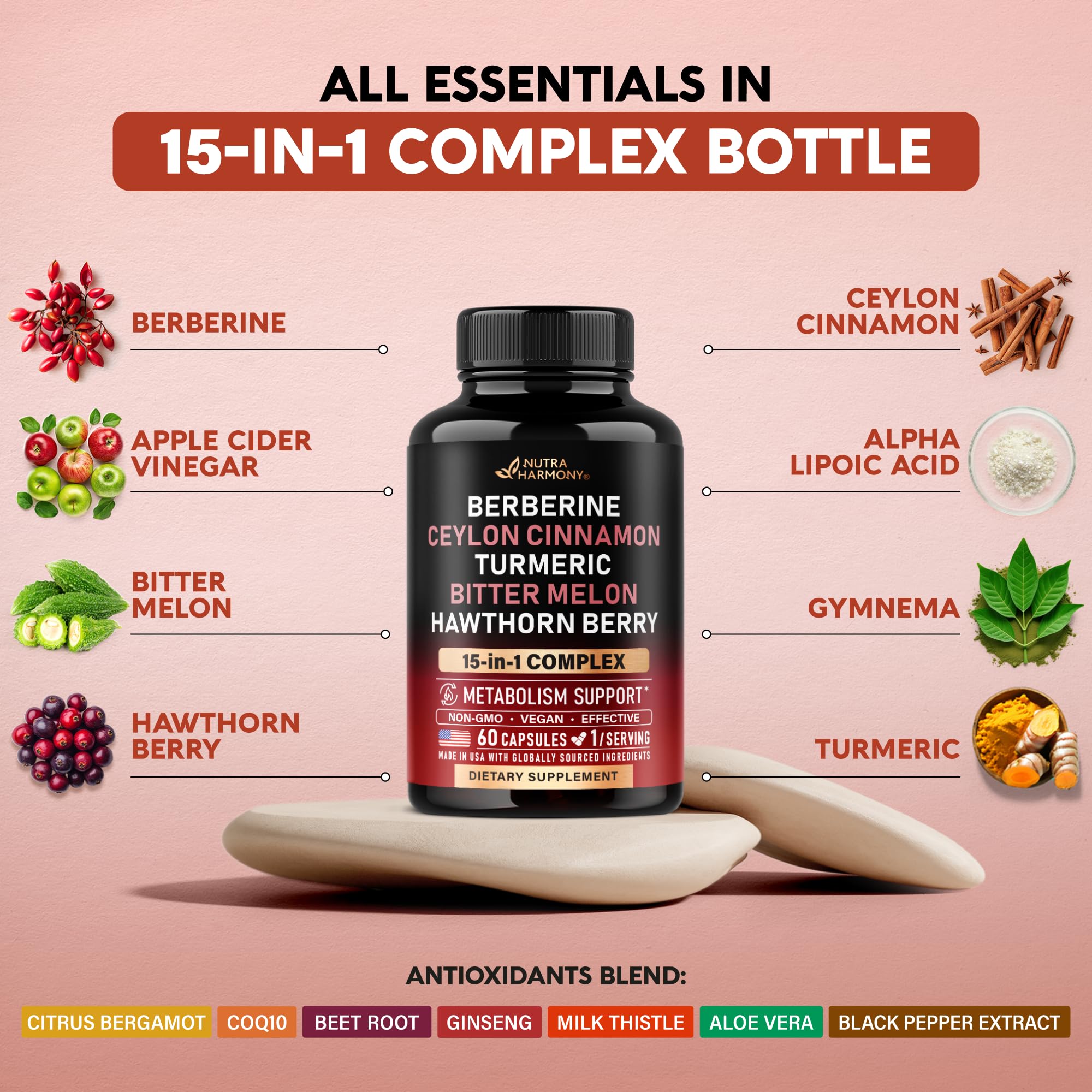 NUTRAHARMONY frasco junto a moneda para comparar tamaño y portabilidad