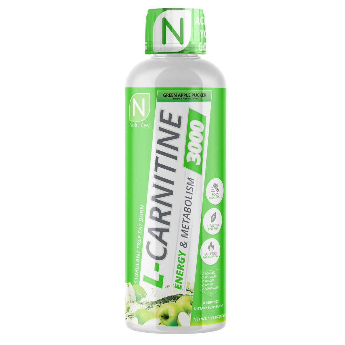 NutraKey botella frontal manzana verde mostrando etiqueta y beneficios