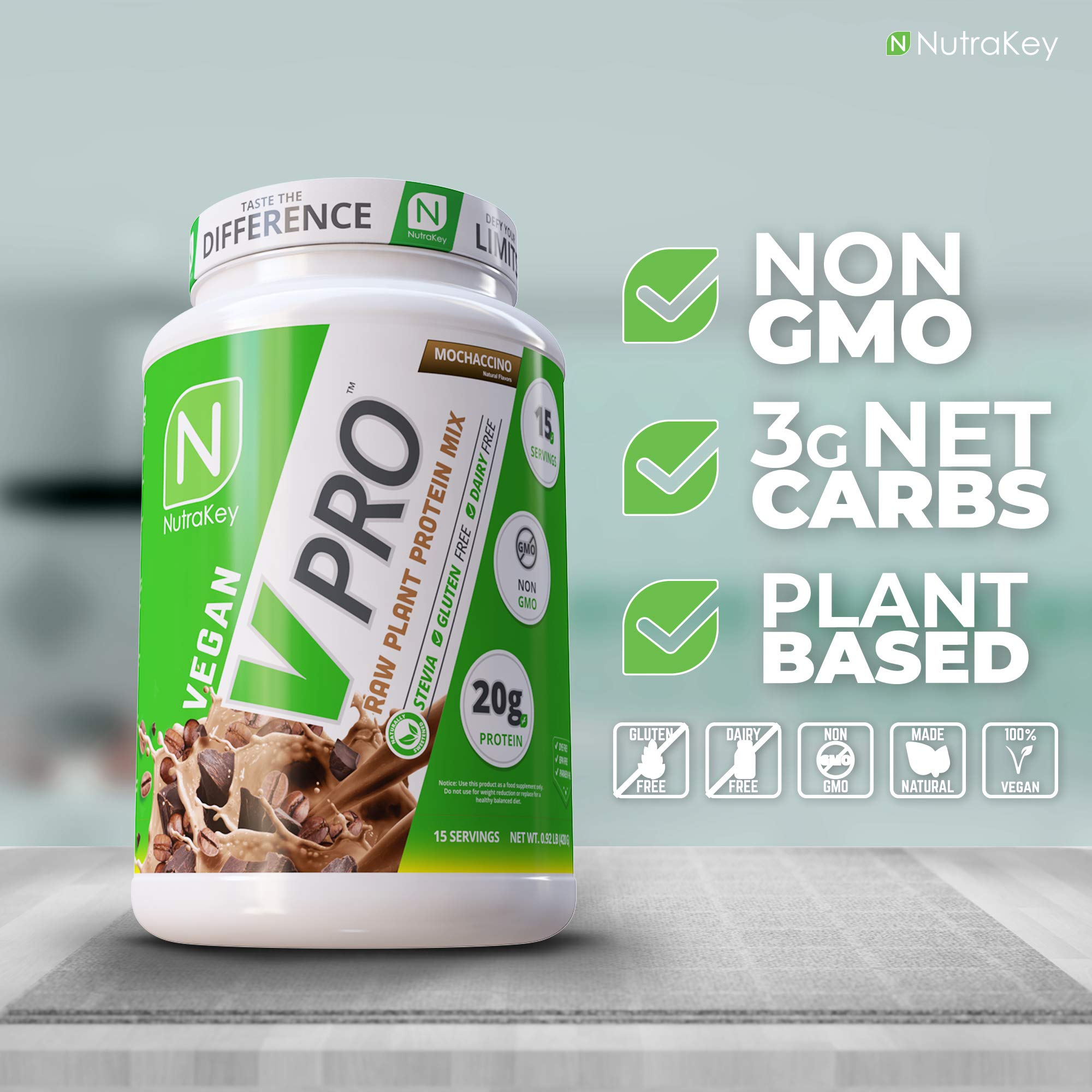 NutraKey V-Pro textura del polvo crudo en primer plano para mezcla fácil