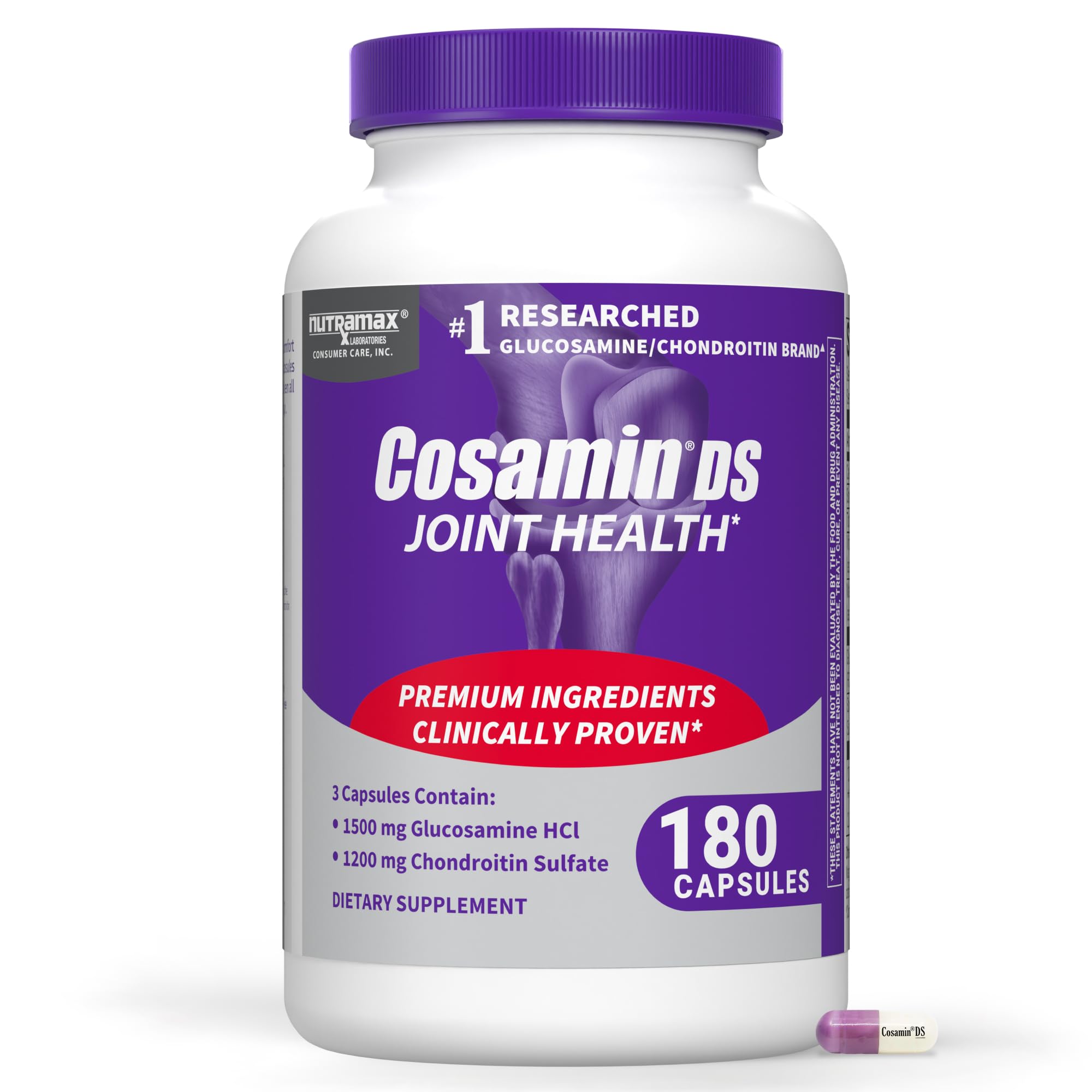 Nutramax Cosamin frasco frente mostrando presentación de 180 cápsulas y conveniencia