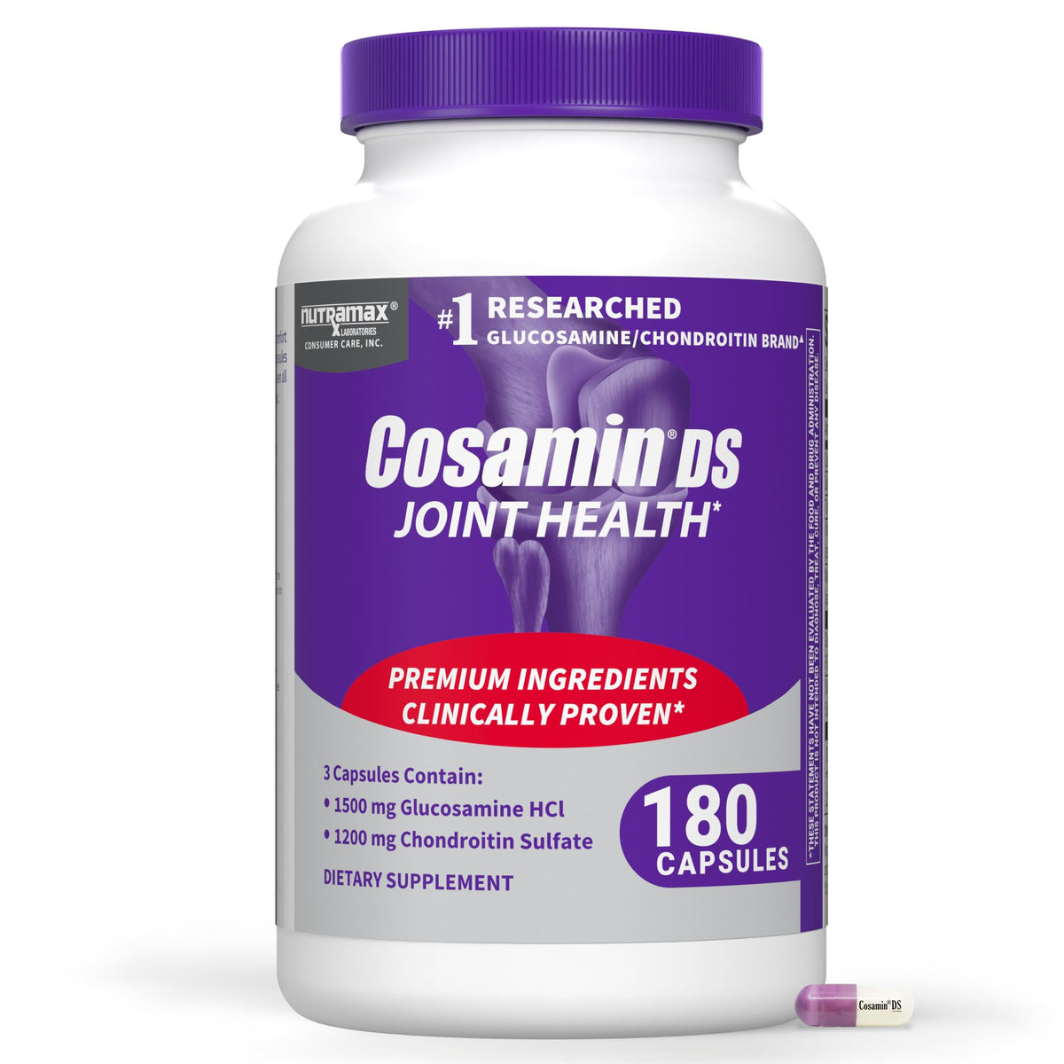 Nutramax Cosamin frasco frente mostrando presentación de 180 cápsulas y conveniencia