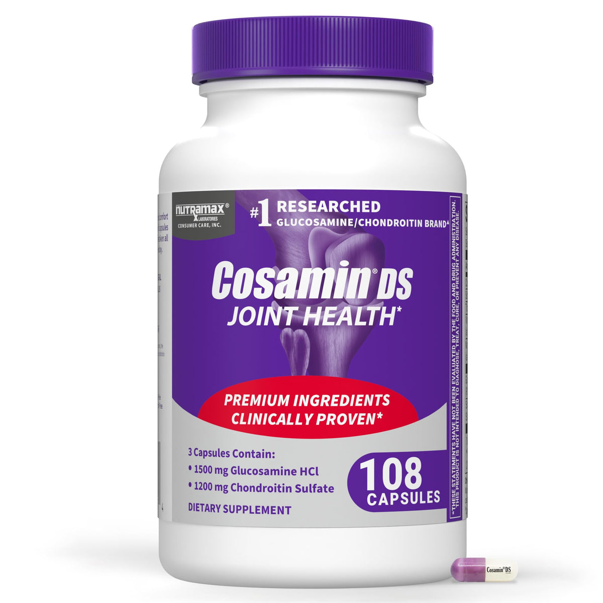 Nutramax Cosamin DS vista frontal, paquete claro y beneficios de movilidad