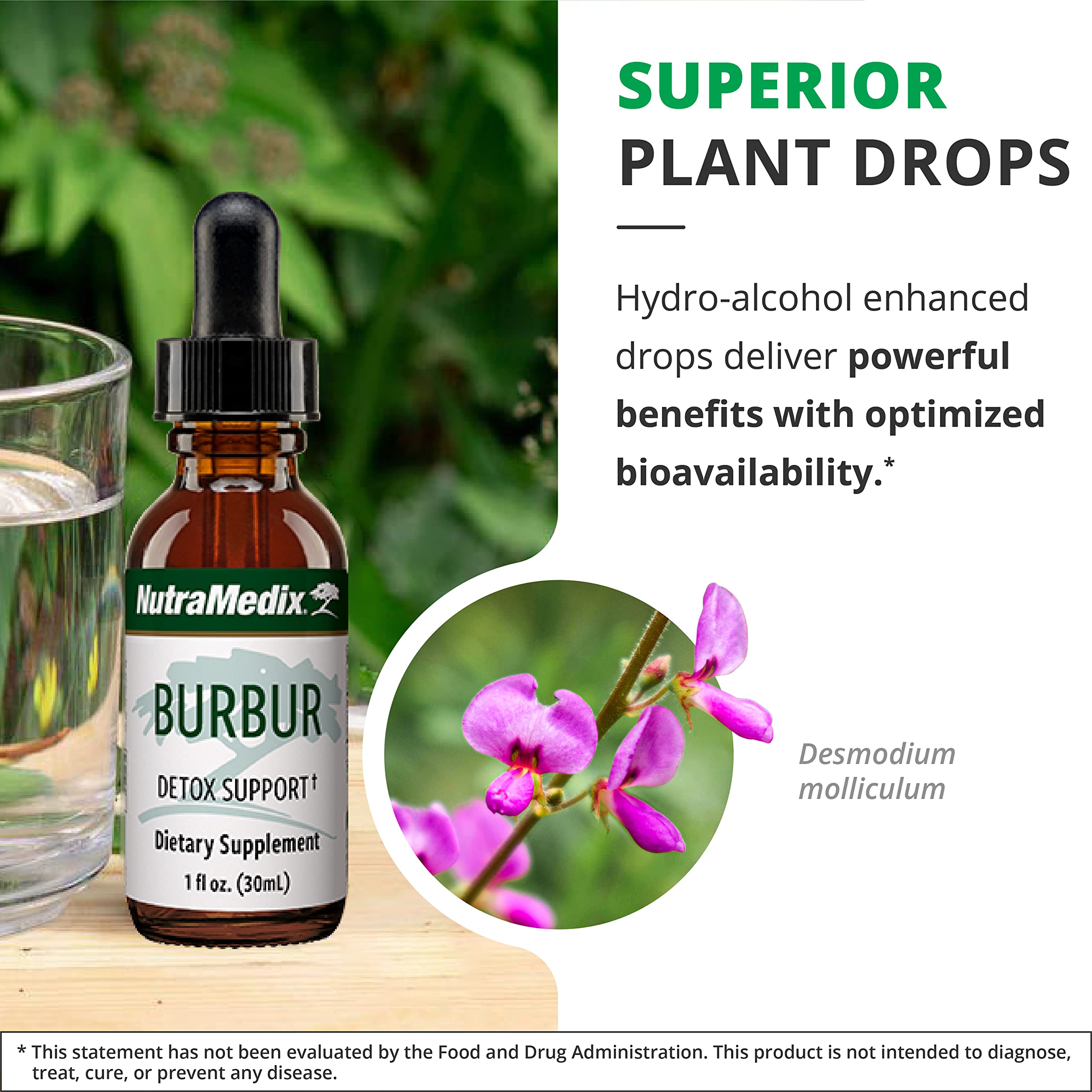 NutraMedix Burbur comparación de tamaño con mano para referencia de 30 ml
