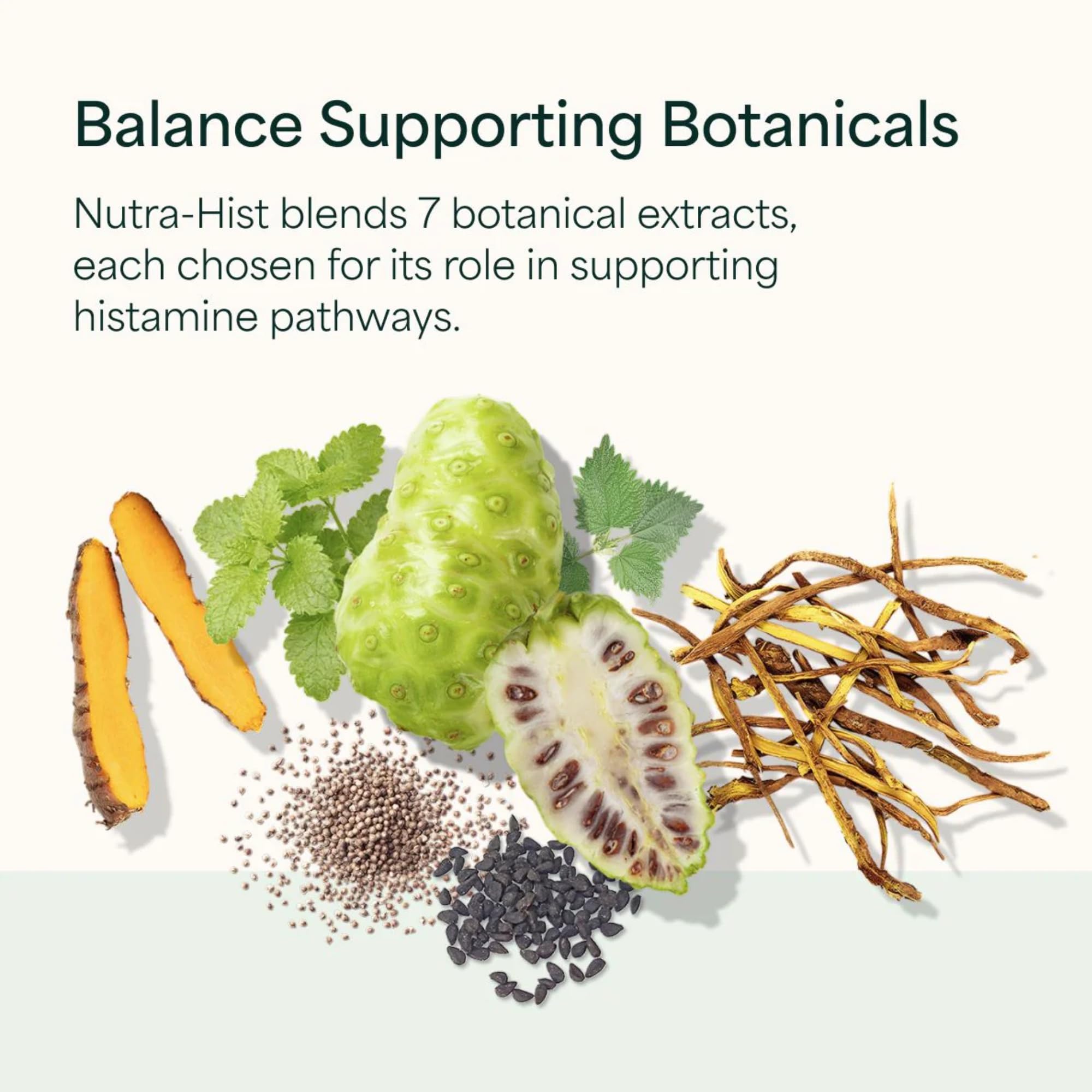 NutraMedix Nutra-Hist primeros planos de hojas y semillas como ingredientes