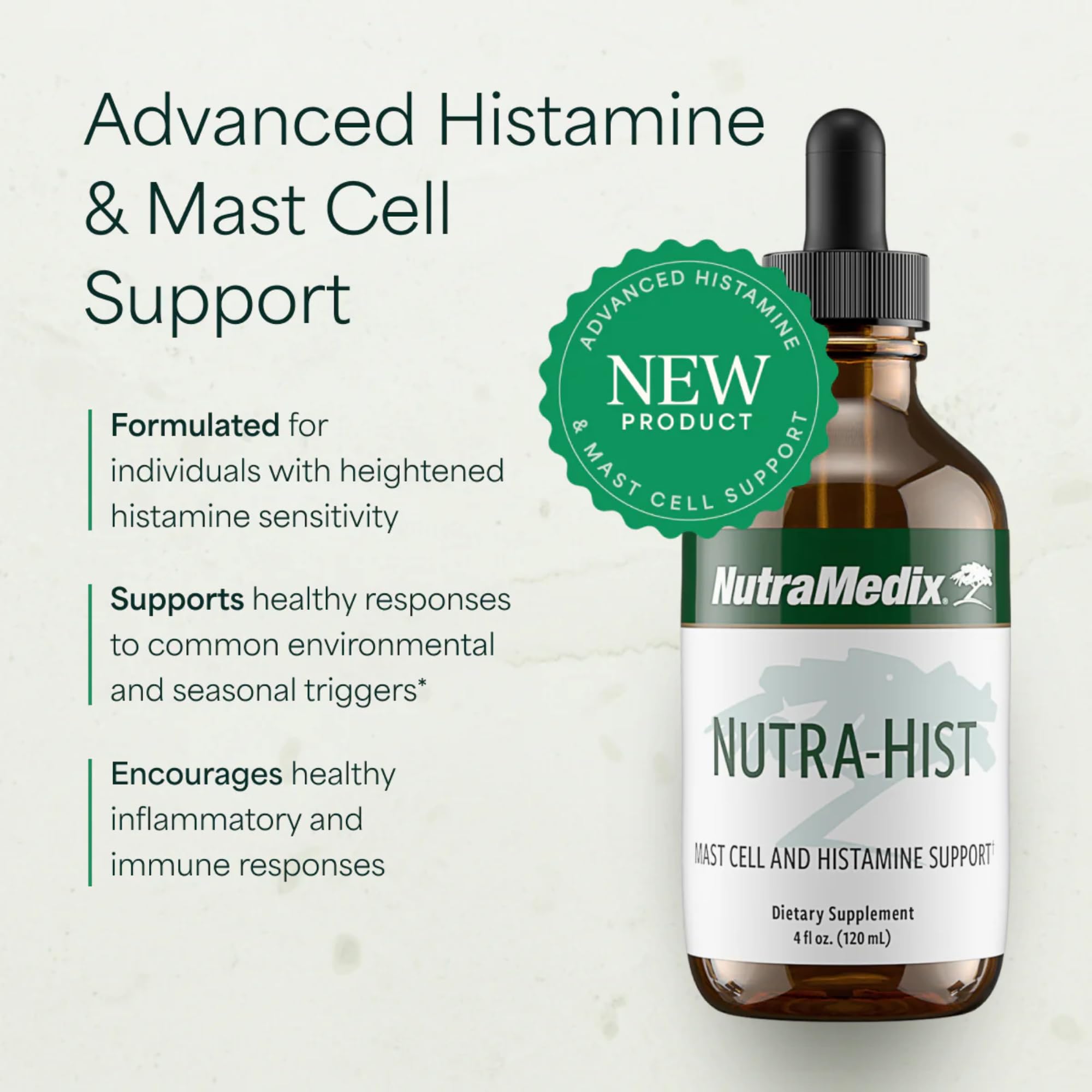 NutraMedix Nutra-Hist gotero goteando textura líquida para dosaje flexible