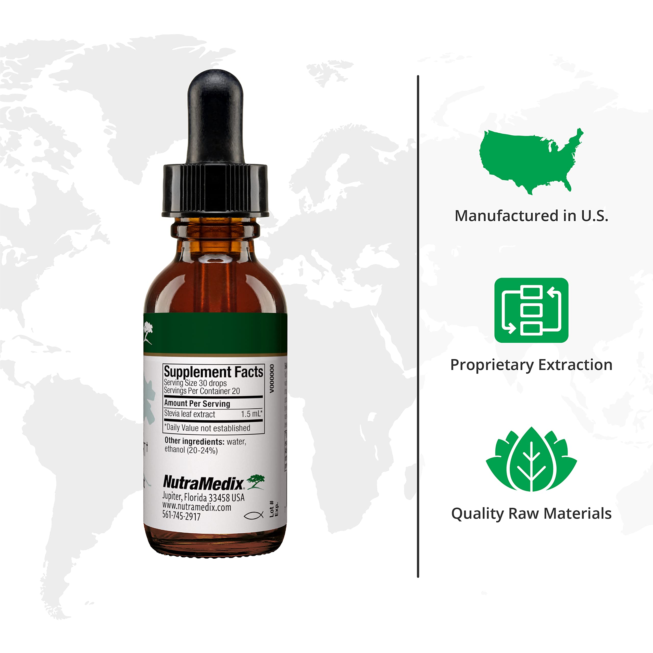 NutraMedix stevia gotero en primer plano para dosificación precisa y sin desperdicio