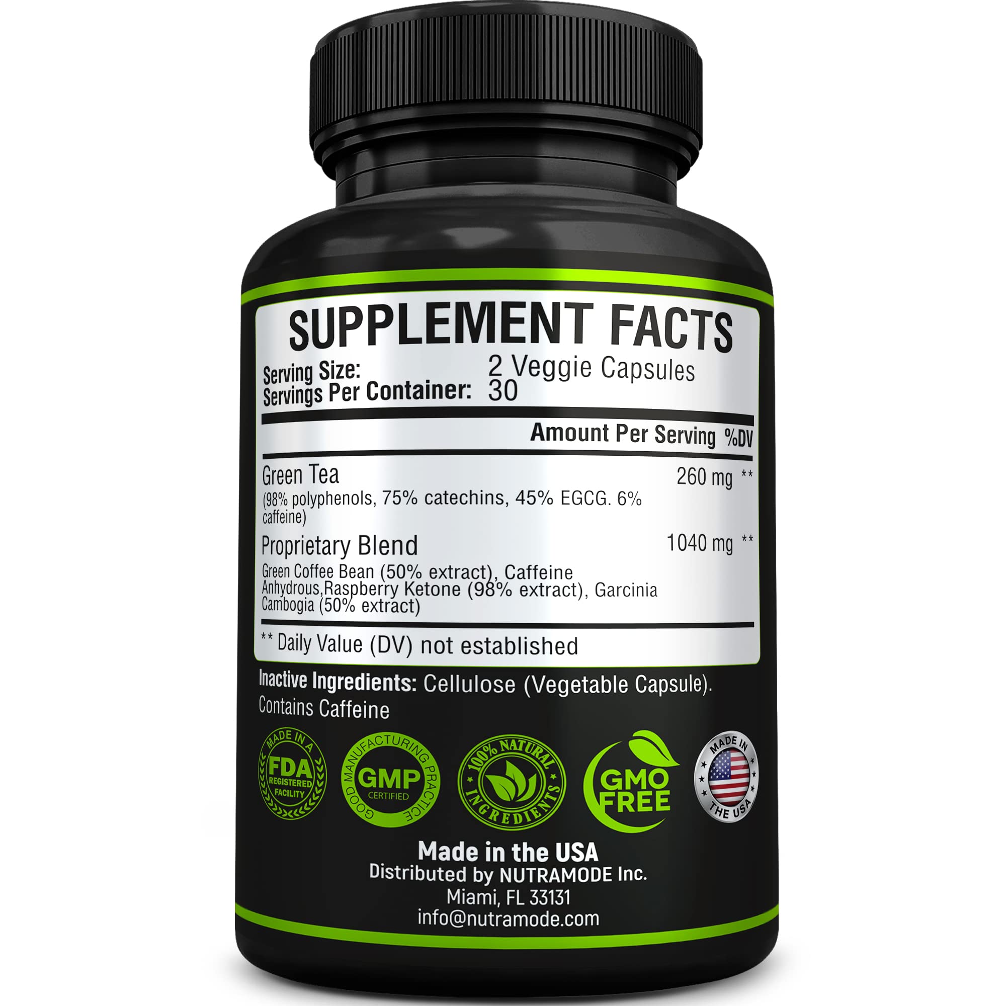 NUTRAMODE botella con hojas de té verde enfatizando contenido de EGCG
