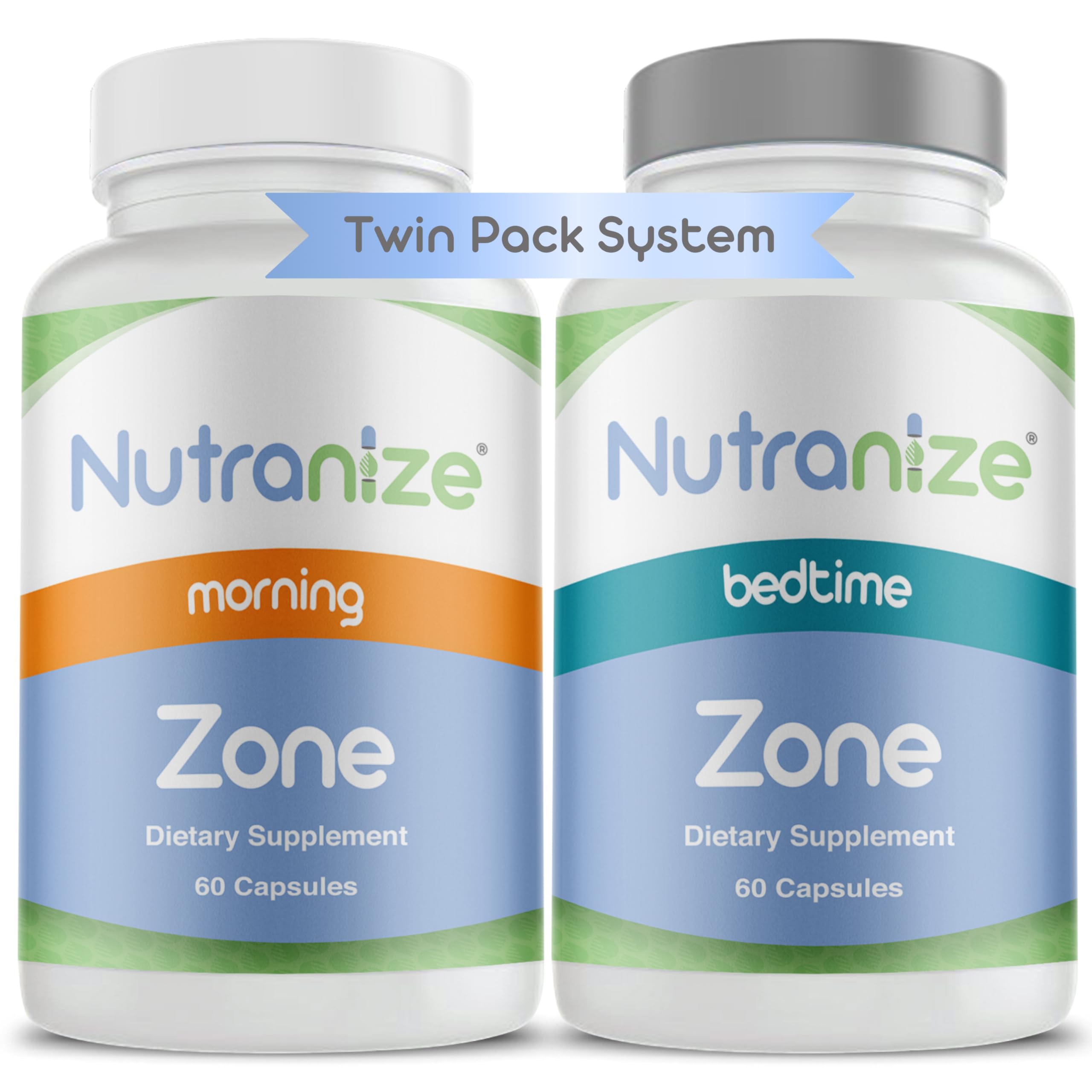Nutranize frasco frontal mostrando sistema twin-pack y beneficio de simplicidad