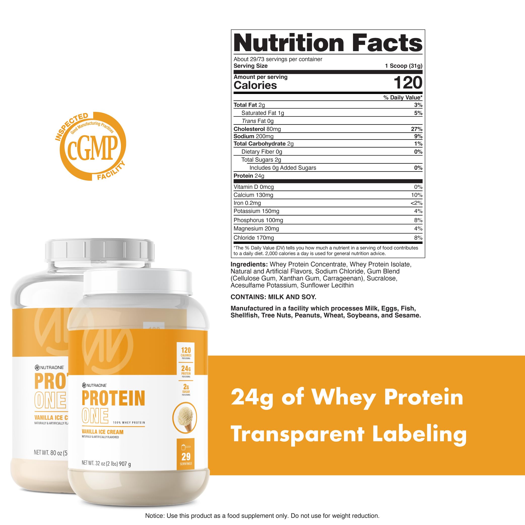 NutraOne, cuchara medidora con porción y etiqueta que resalta 24 g proteína