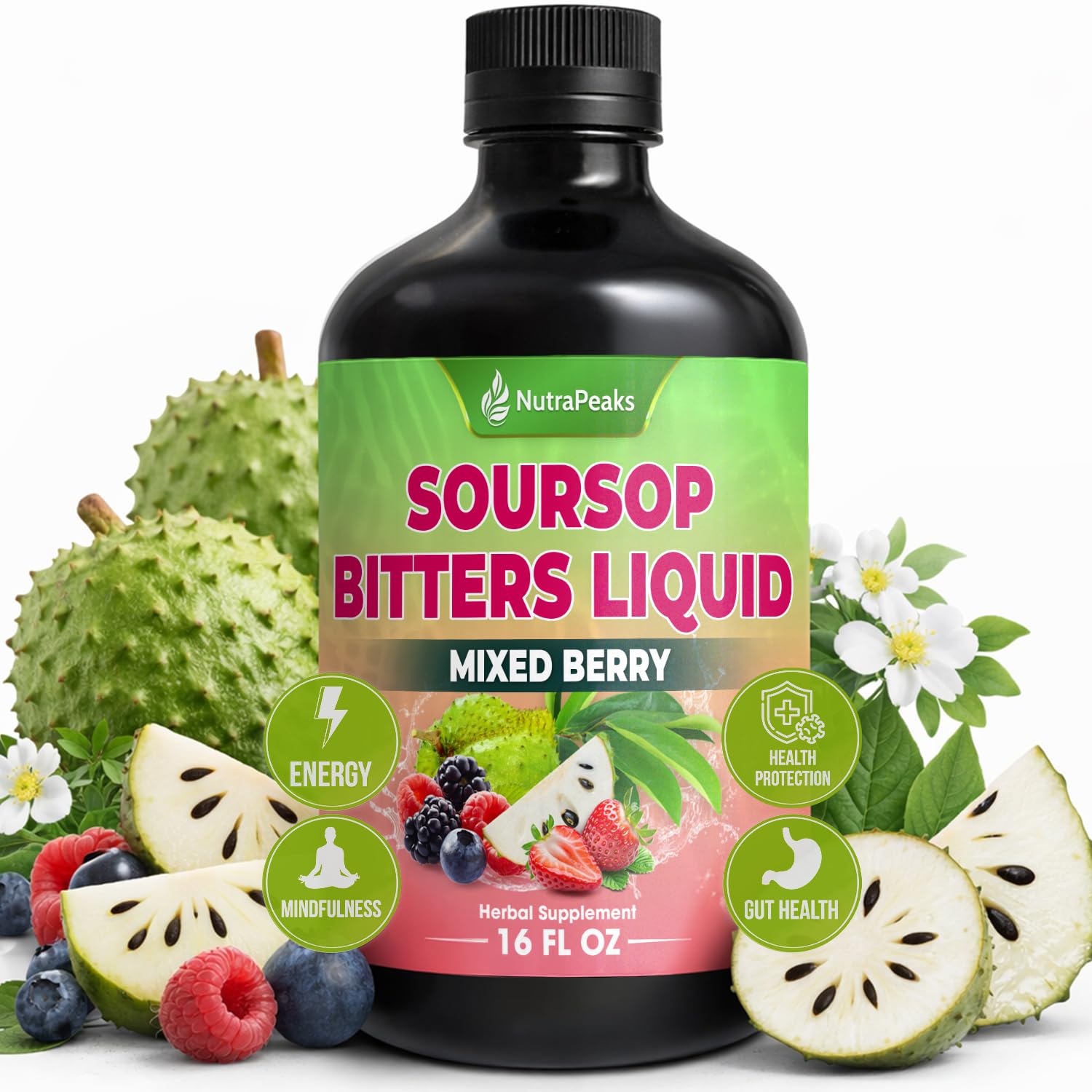 NutraPeaks botella frontal mostrando etiqueta y tamaño 16 fl oz, fácil identificación