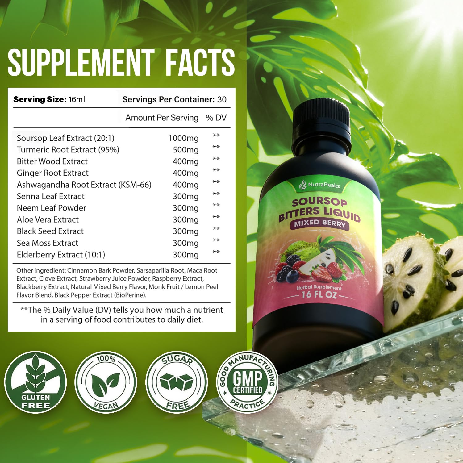 NutraPeaks botella en primer plano que resalta la mezcla herbal y calidad