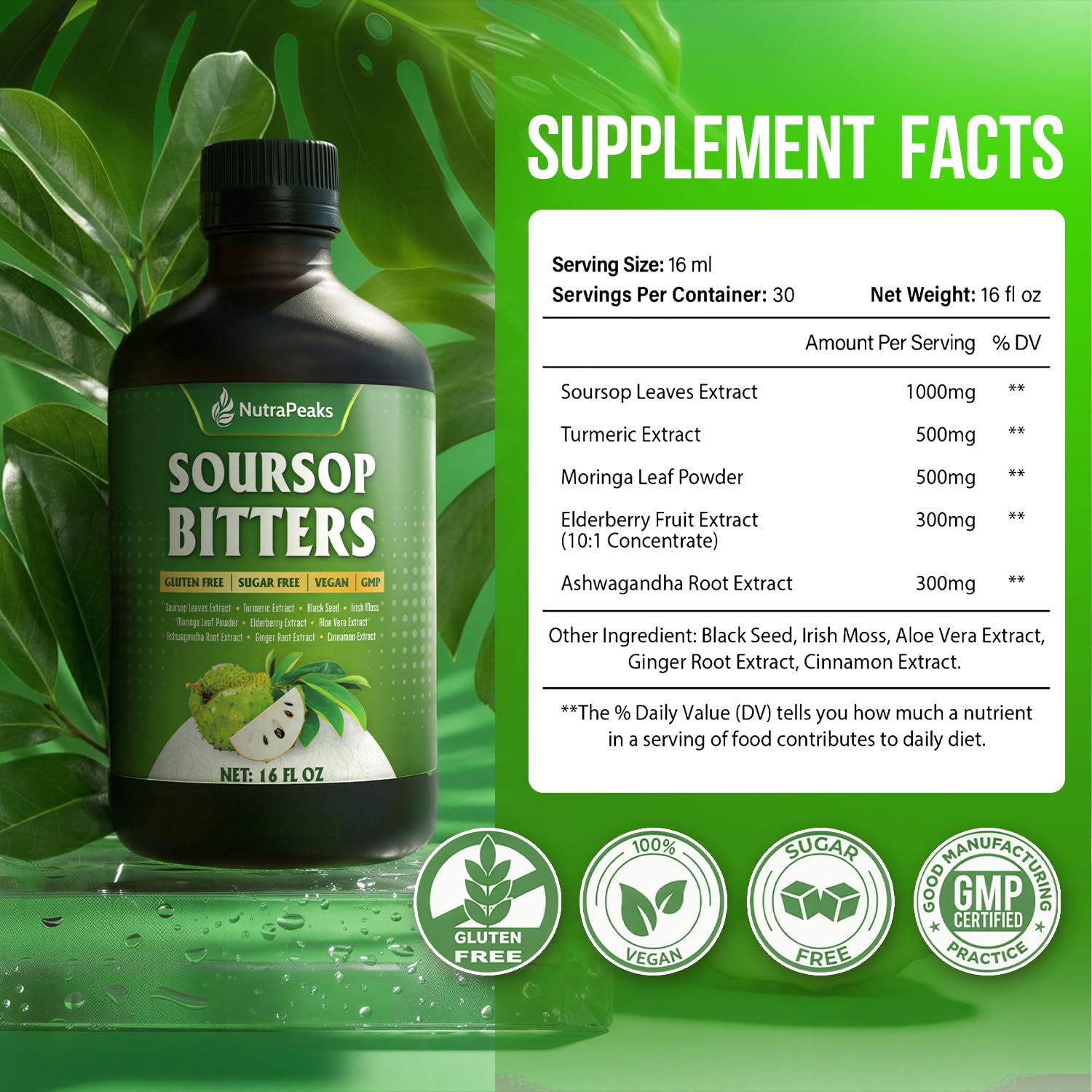 NutraPeaks primer plano de textura líquida, destaca concentración herbal