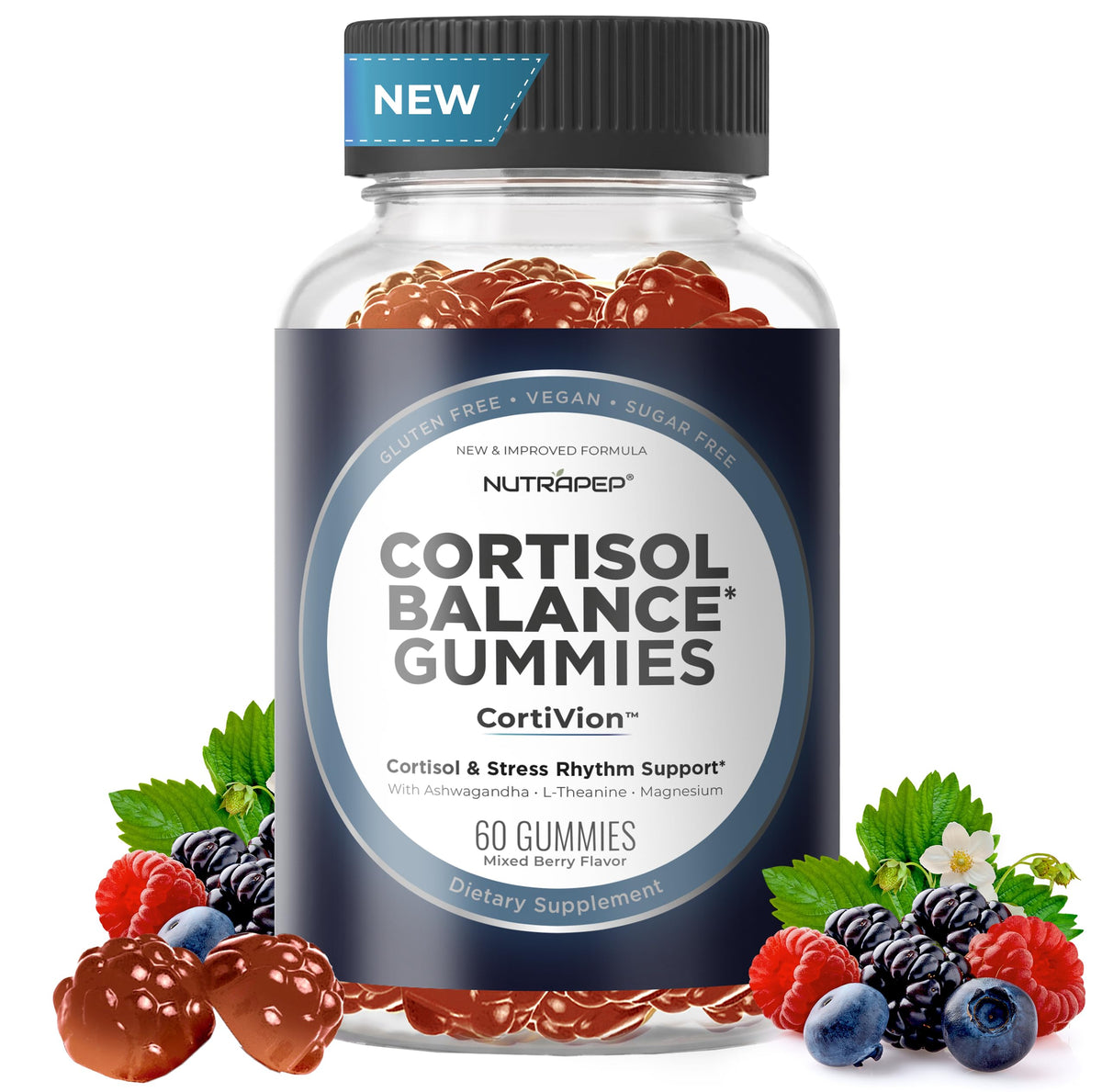 NutraPep frasco frente mostrando diseño y beneficio apoyo del cortisol