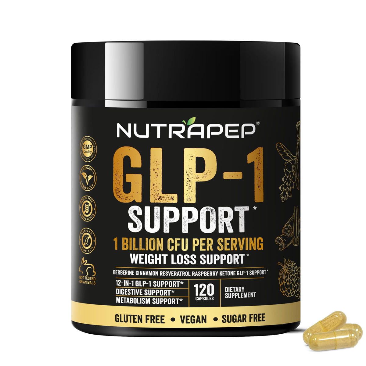 NutraPep envase frontal que muestra la fórmula GLP-1 y beneficios visibles