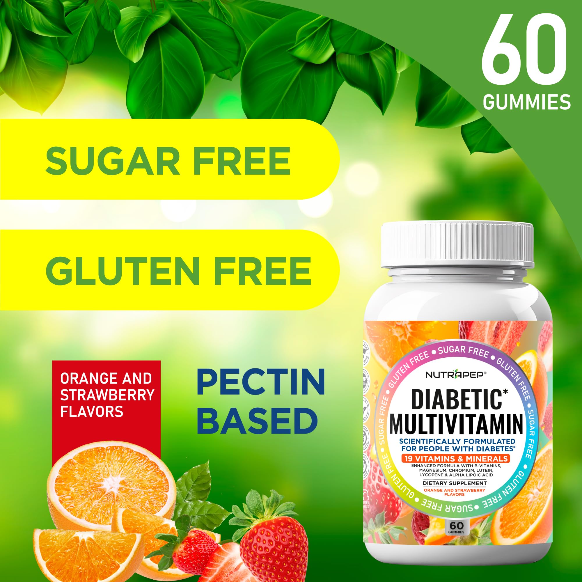 NutraPep gominola en cuenco junto a fruta para presentar sabor fresa naranja