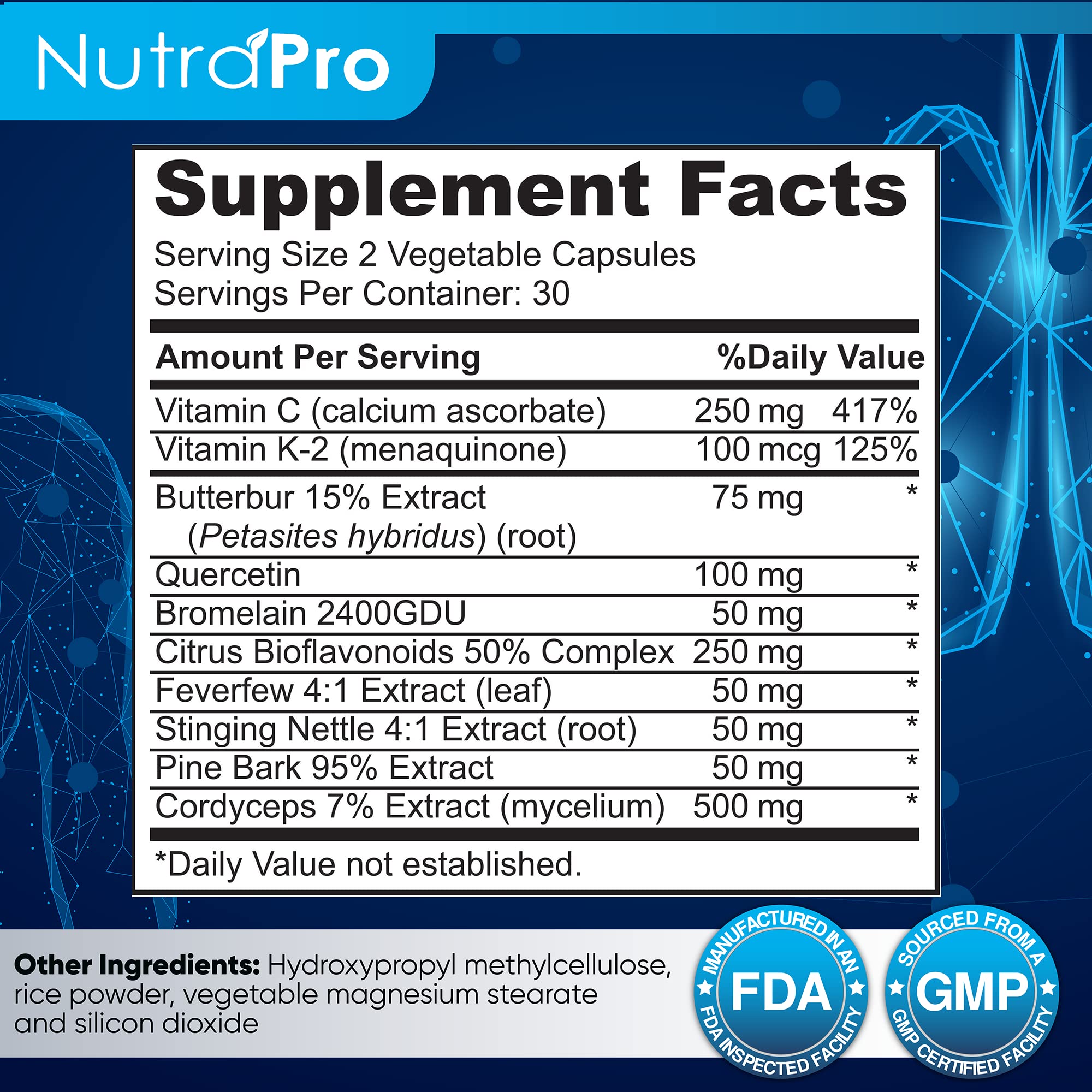 NutraPro White Lung primer plano de etiqueta, subraya certificación GMP
