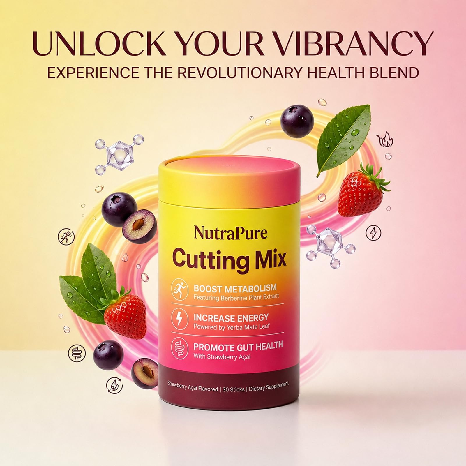NutraPure Health stick abierto con polvo fino listo para mezclar