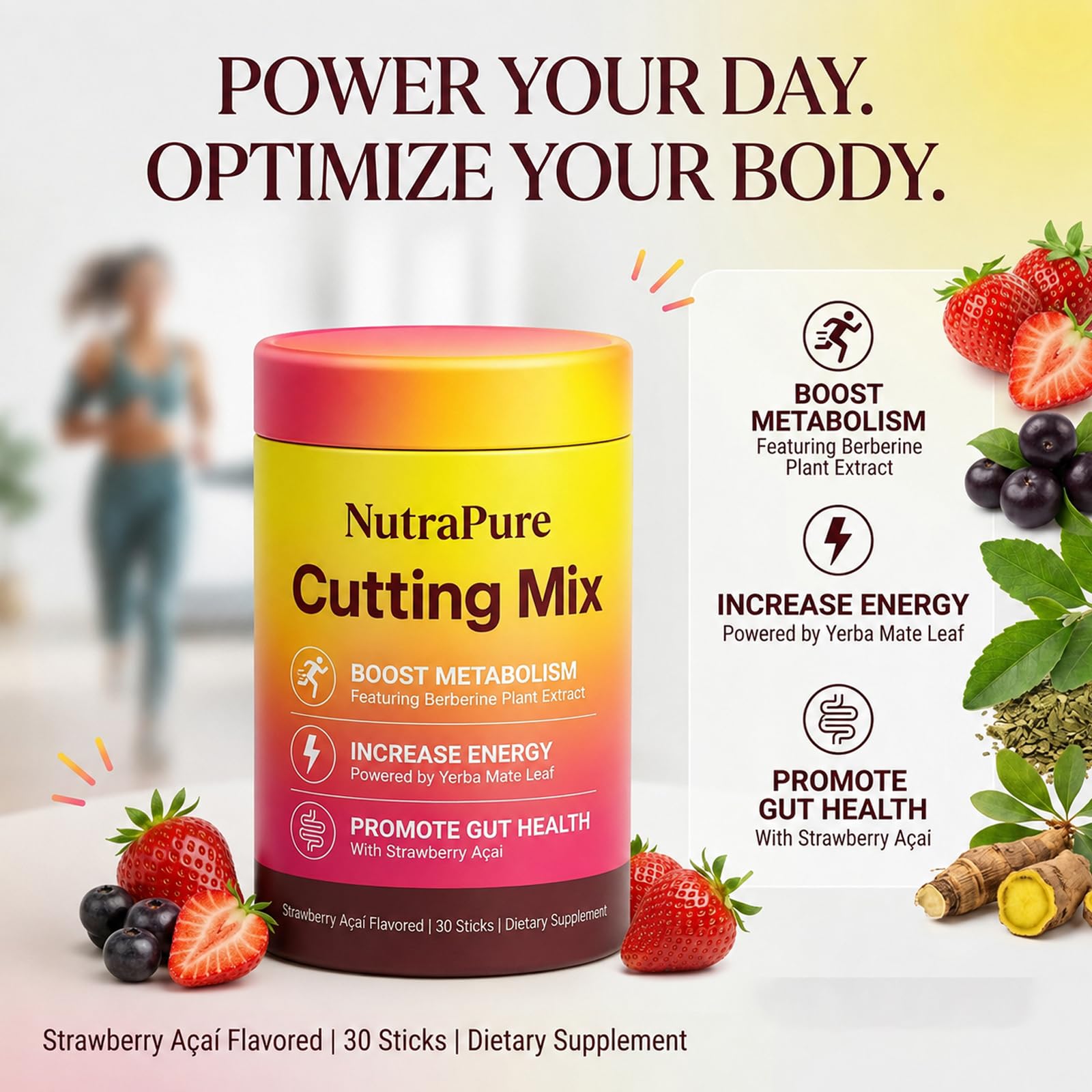 NutraPure Health vaso con mezcla fresa açaí lista y refrescante