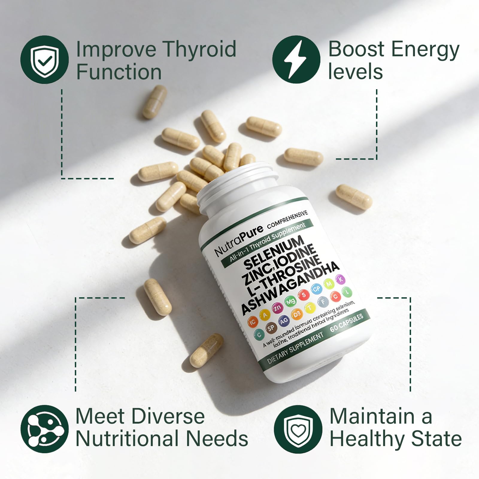 NutraPure ingredientes secos (kelp, ashwagandha, cúrcuma) como origen natural
