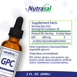 Etiqueta de Nutrasal Cerebra GPC enfocada en ingredientes y concentraciones, ofrece transparencia