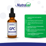 Gota de Nutrasal Cerebra GPC líquida en cucharilla demostrando textura y fácil mezcla